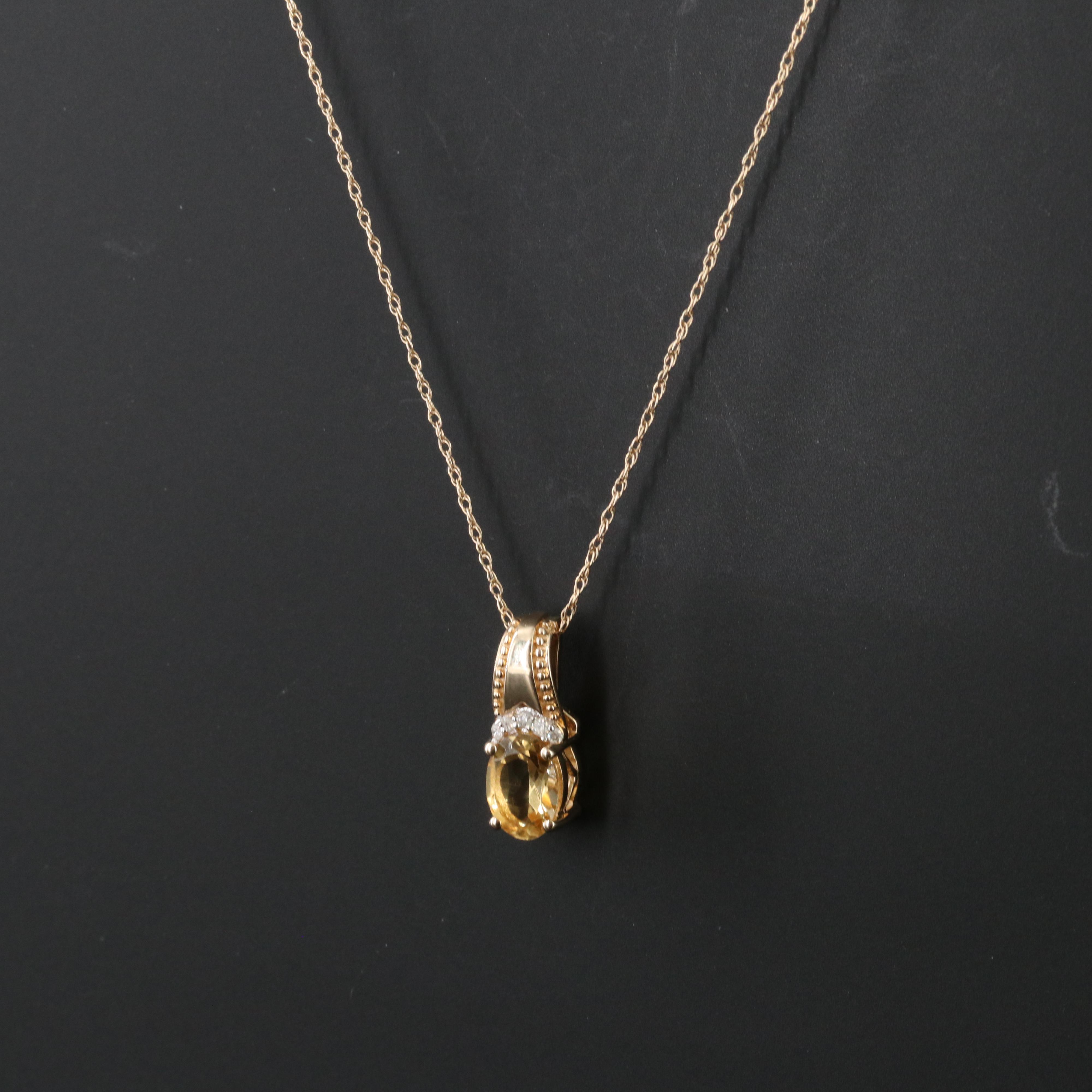 10K Citrine and Diamond Pendant Necklace