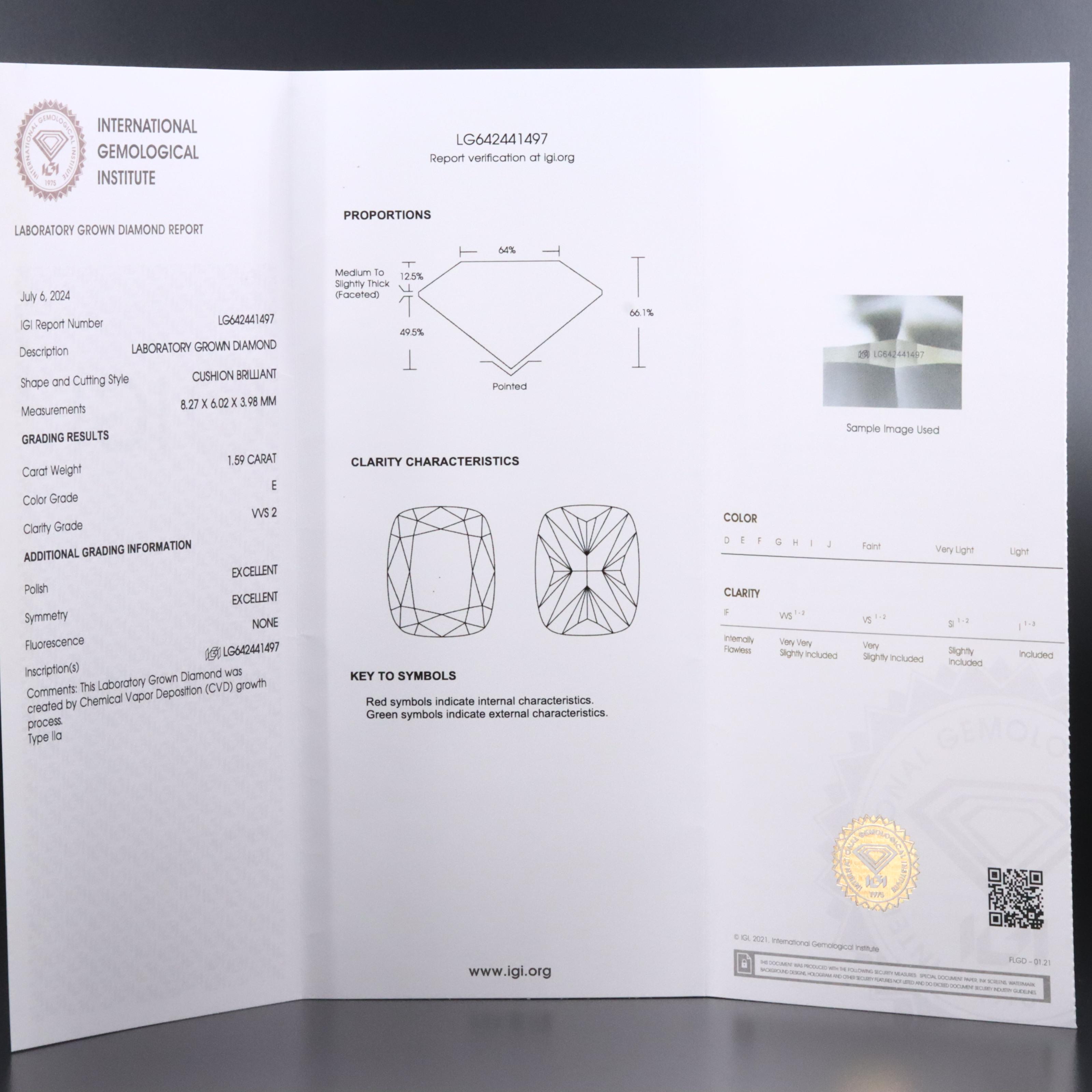 Loose 1.59 CT Lab Grown Diamond with IGI Report