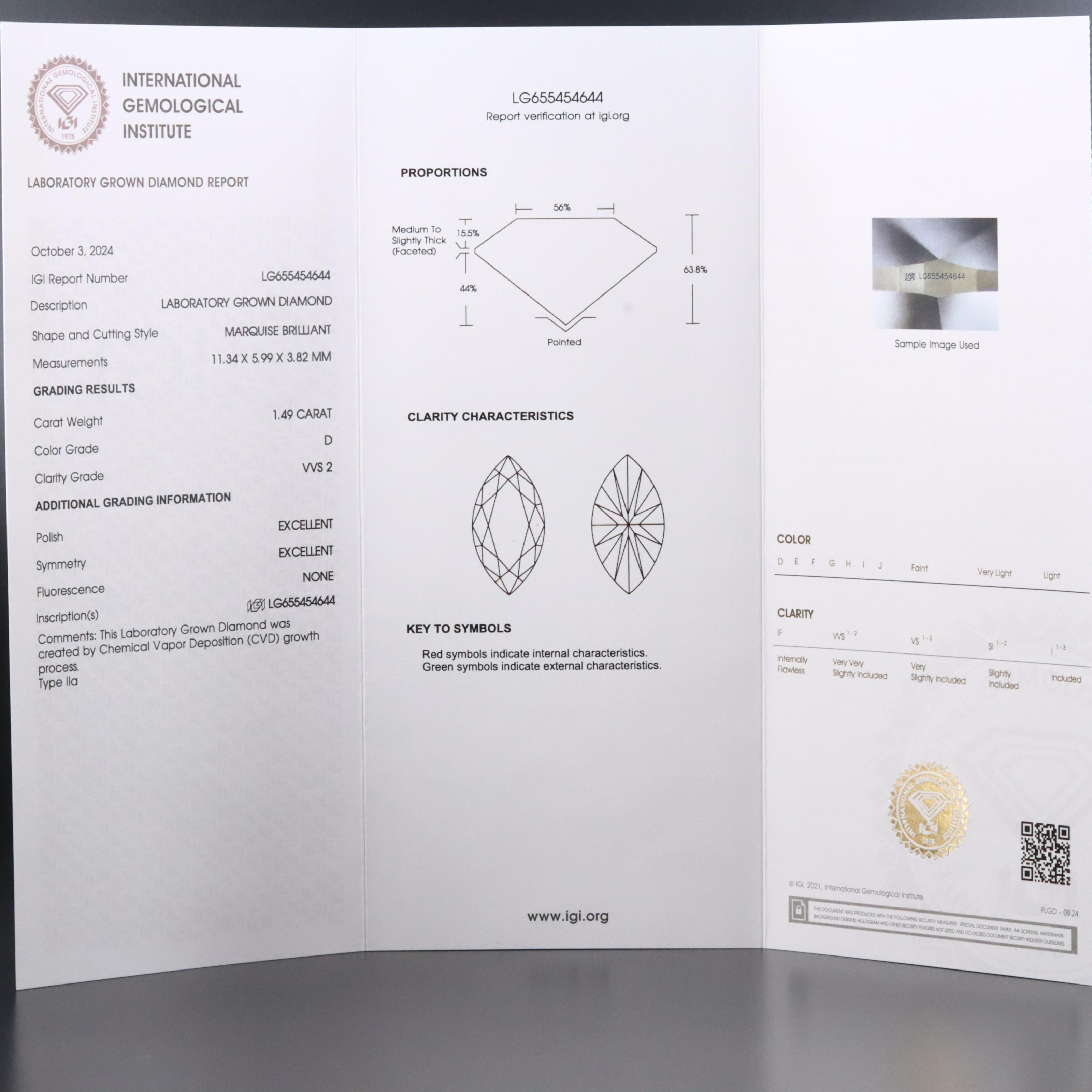 Loose 1.49 CT Lab Grown Diamond with IGI Report