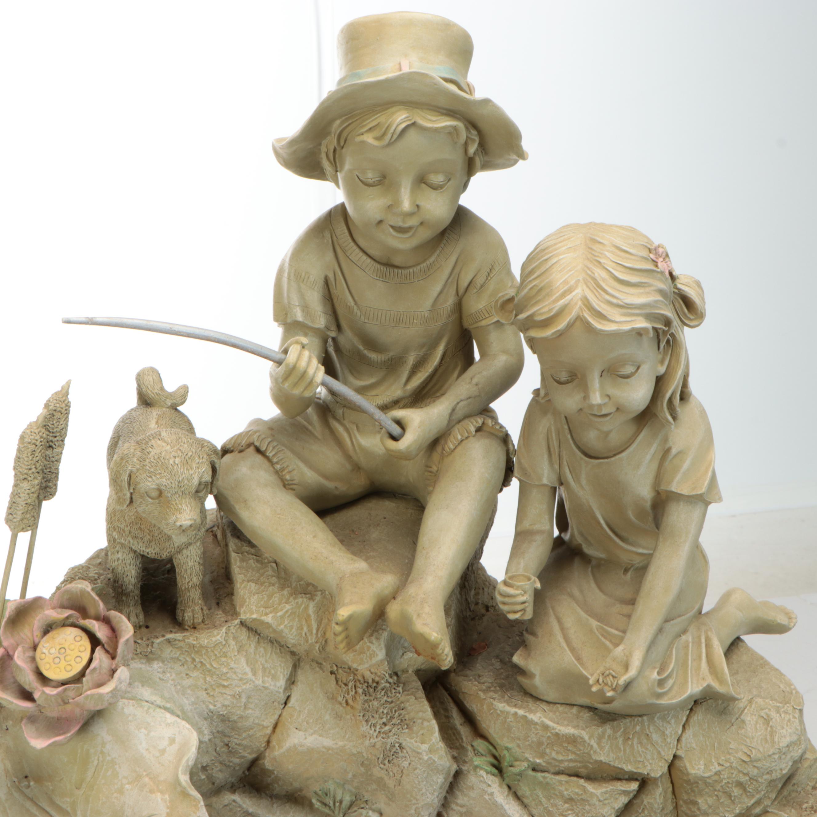 Figural Water Fountain of Two Children Fishing