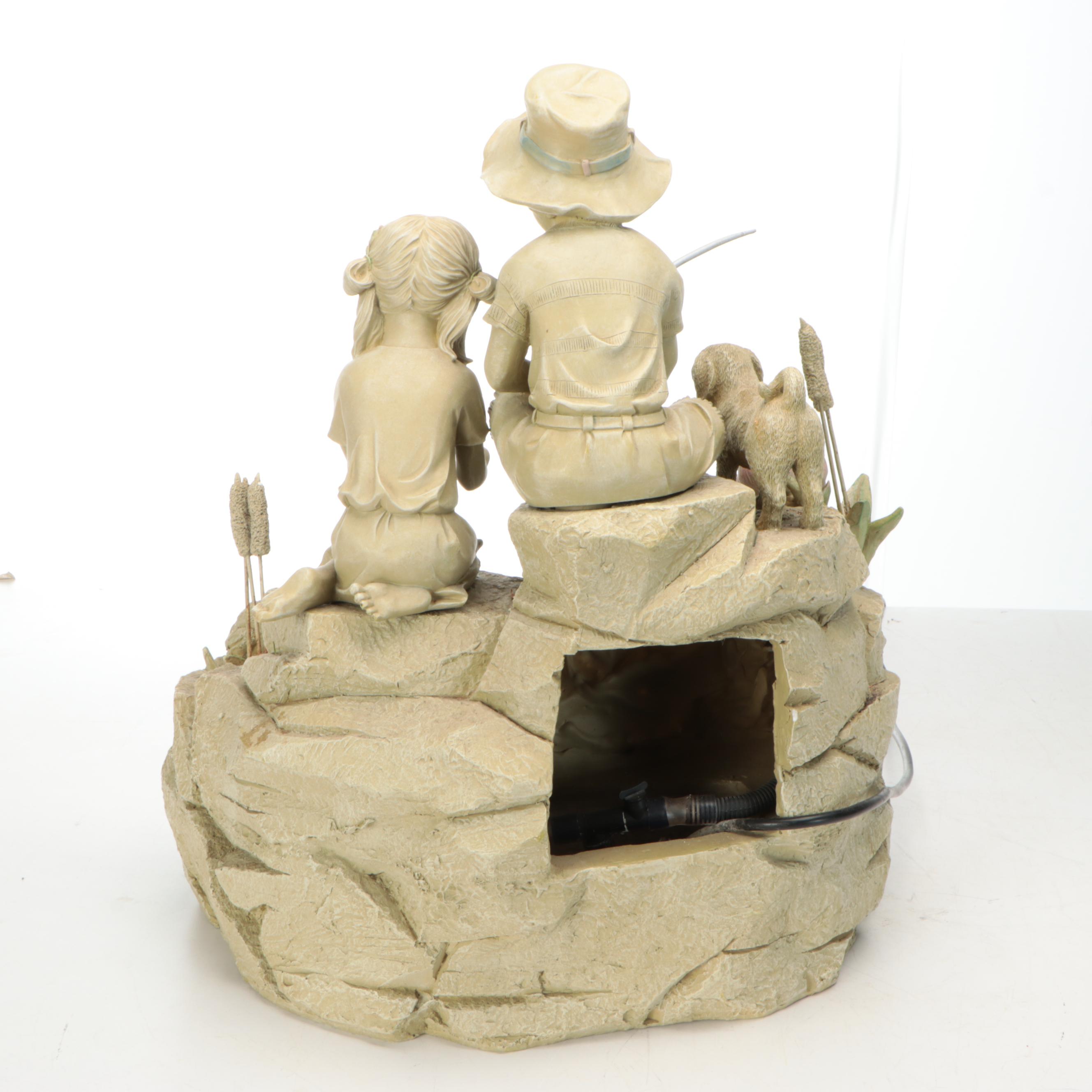 Figural Water Fountain of Two Children Fishing