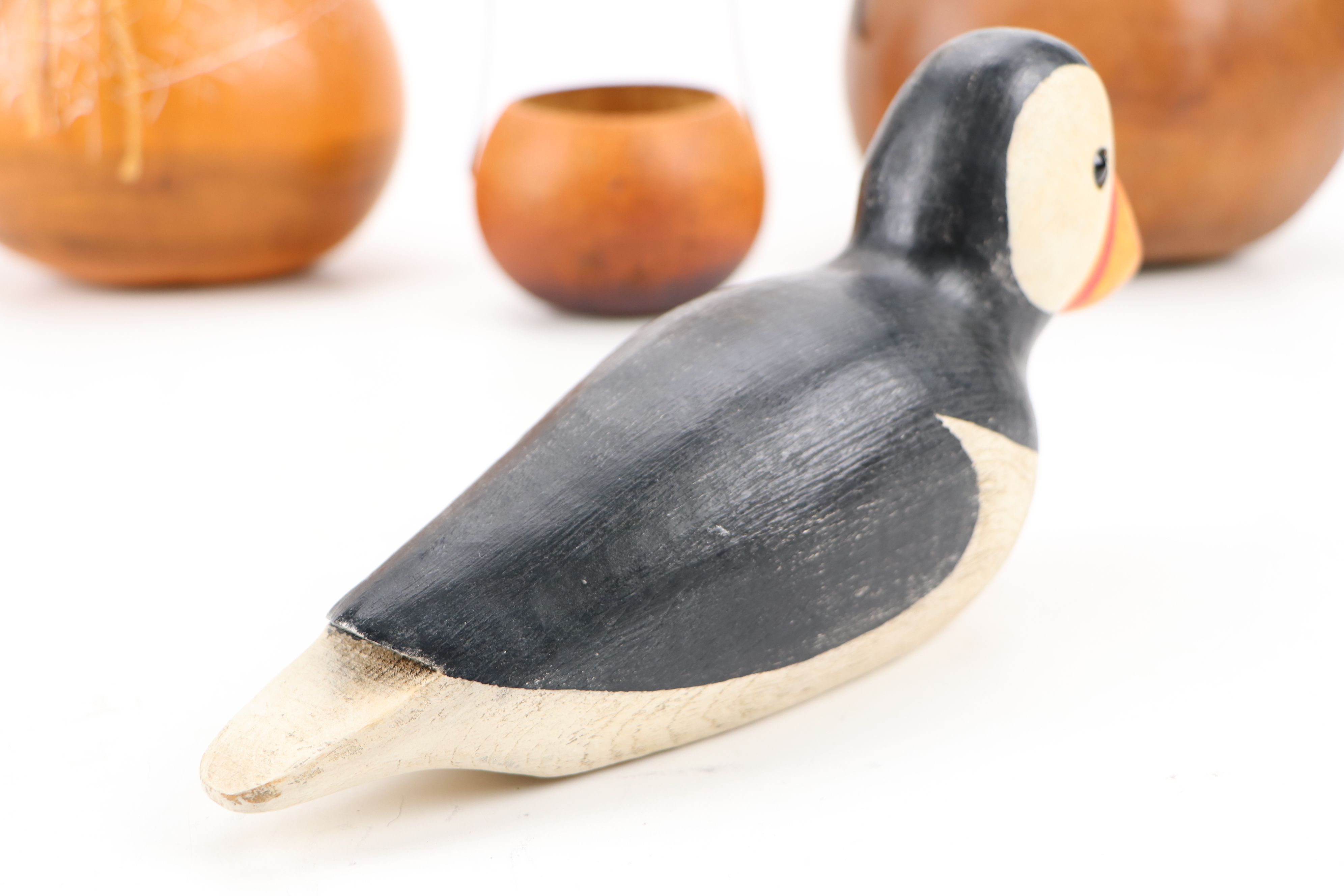 Gourd Birdhouse and Baskets with Polychrome Wood Puffin