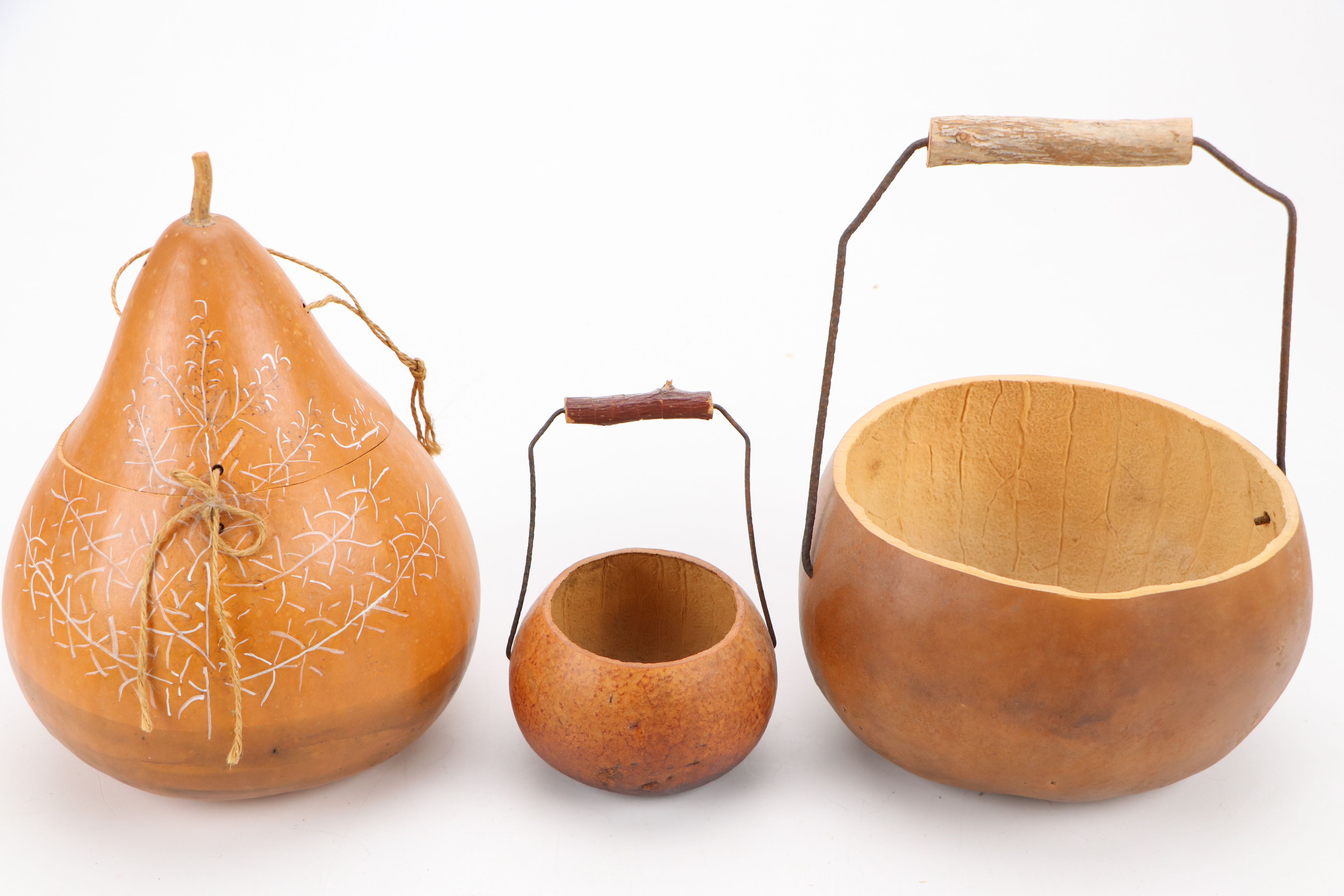 Gourd Birdhouse and Baskets with Polychrome Wood Puffin