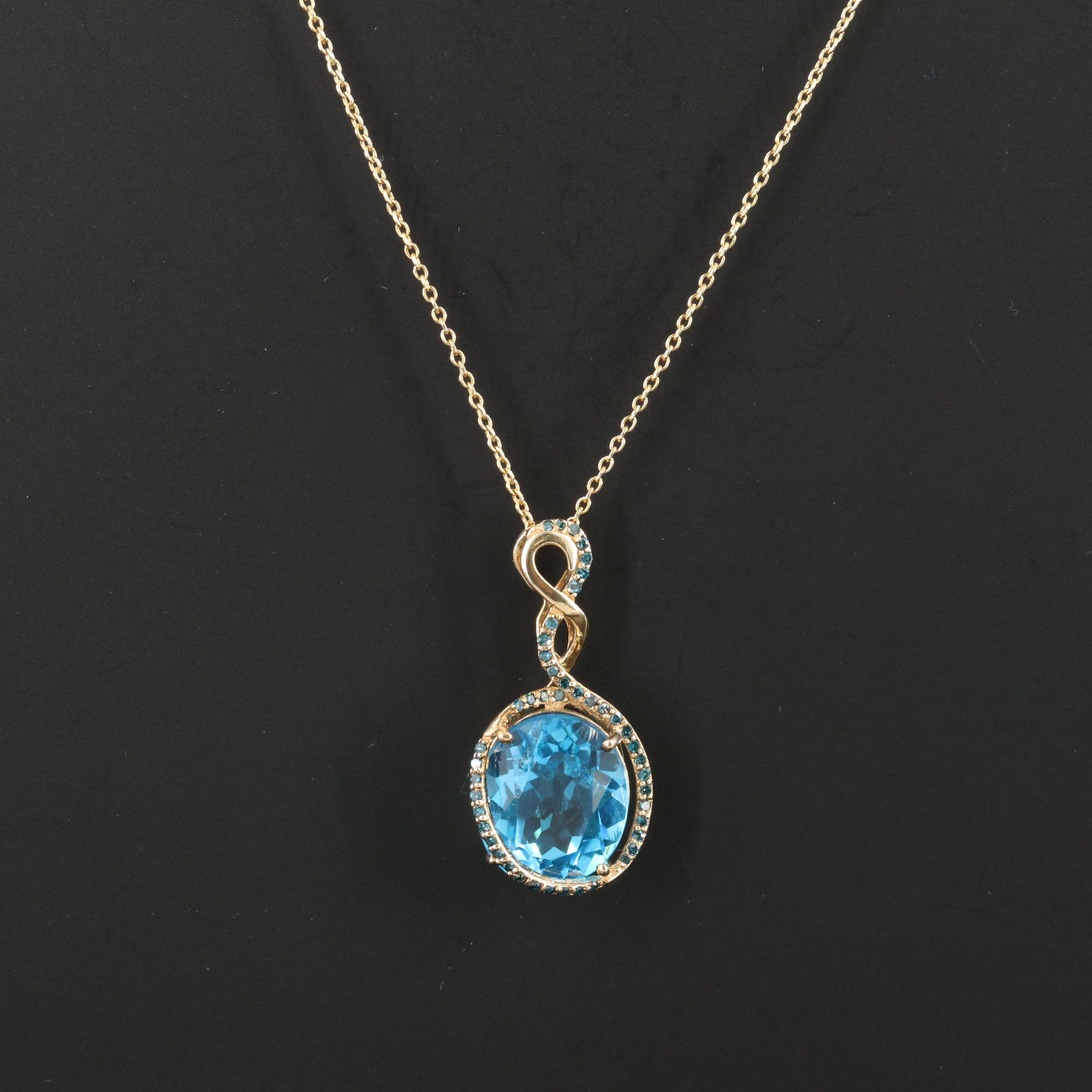 10K Swiss Blue Topaz and Fancy Blue Diamond Pendant Necklace