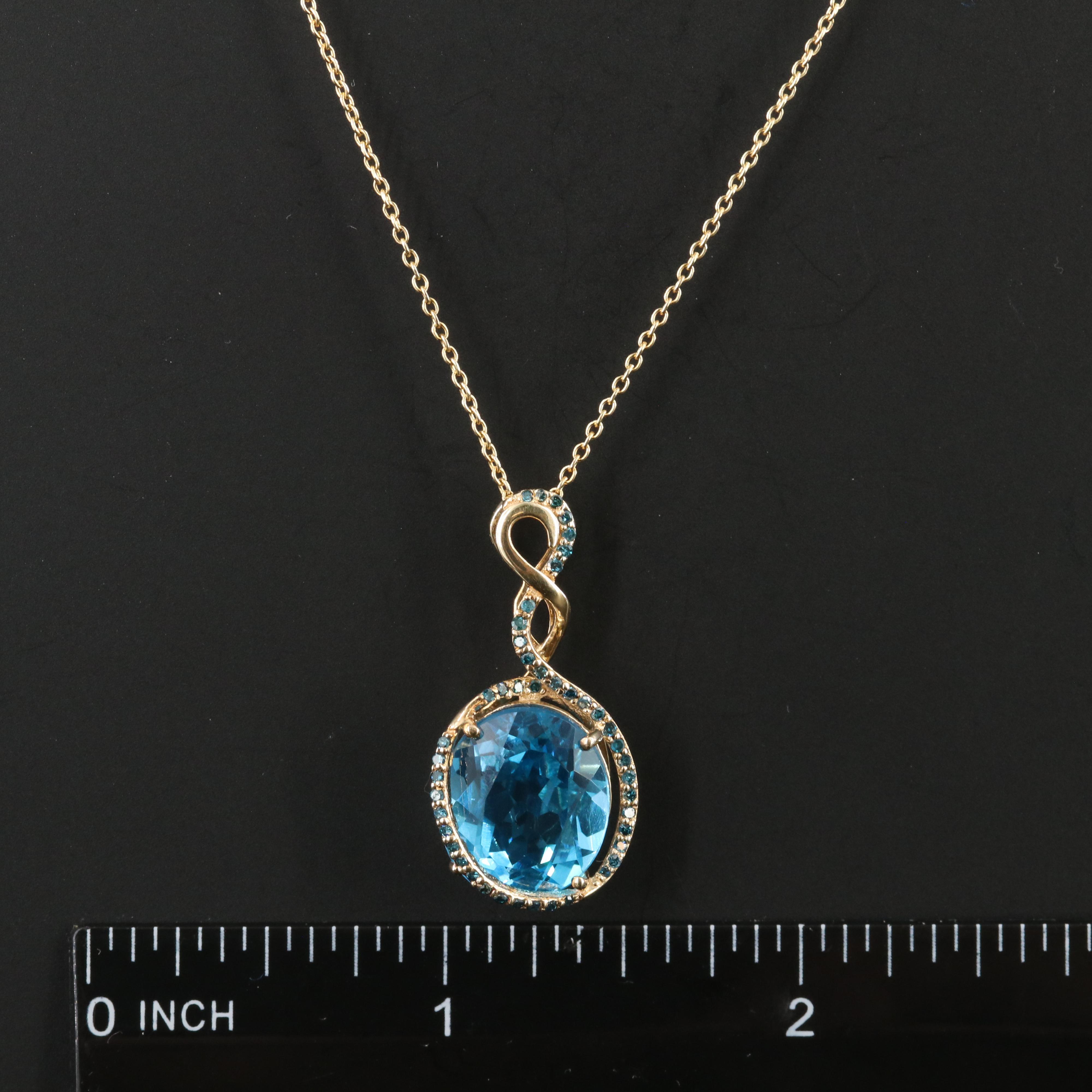 10K Swiss Blue Topaz and Fancy Blue Diamond Pendant Necklace