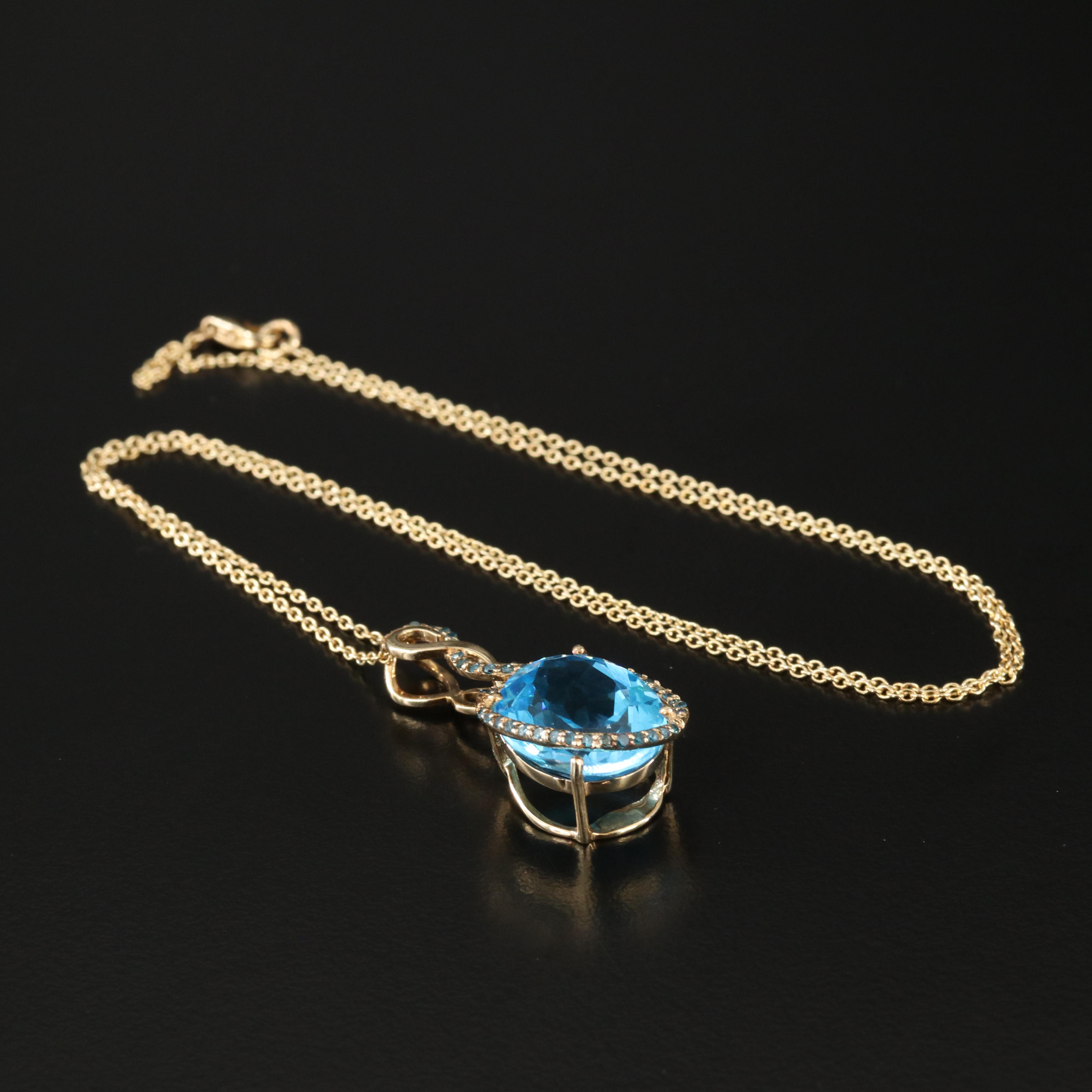10K Swiss Blue Topaz and Fancy Blue Diamond Pendant Necklace