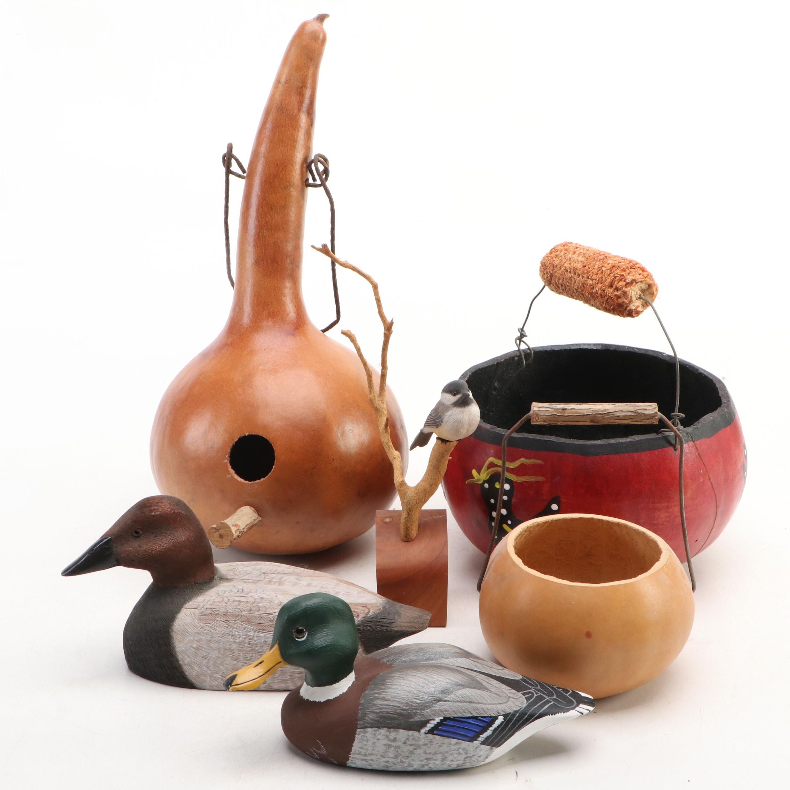 Gourd Birdhouse and Baskets with Duck Decoys and Bird Figure