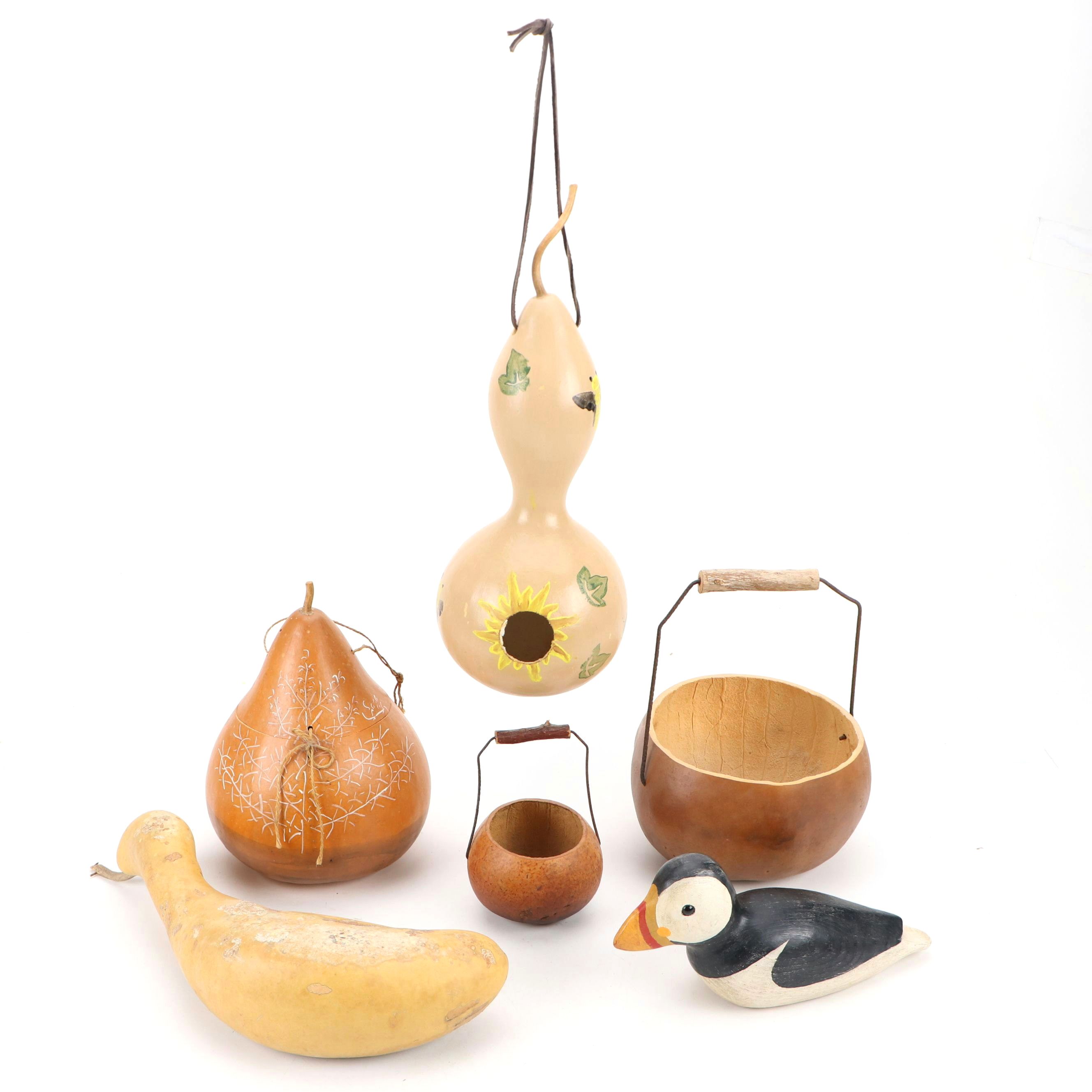 Gourd Birdhouse and Baskets with Polychrome Wood Puffin