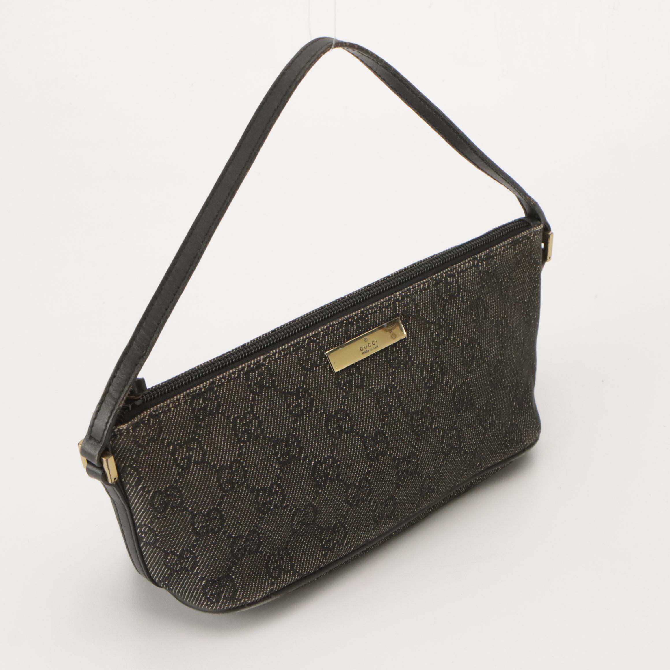 Gucci Boat Pochette in Dark Grey GG Canvas and Black Leather Trim