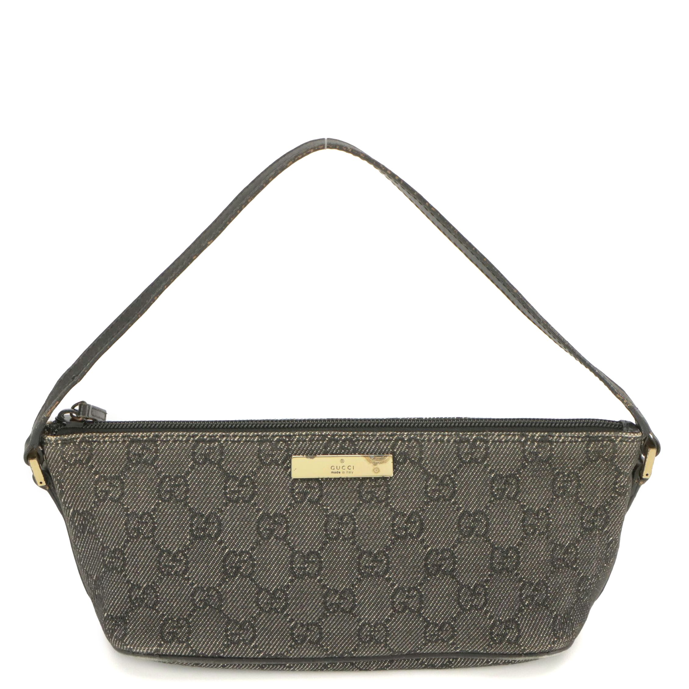 Gucci Boat Pochette in Dark Grey GG Canvas and Black Leather Trim
