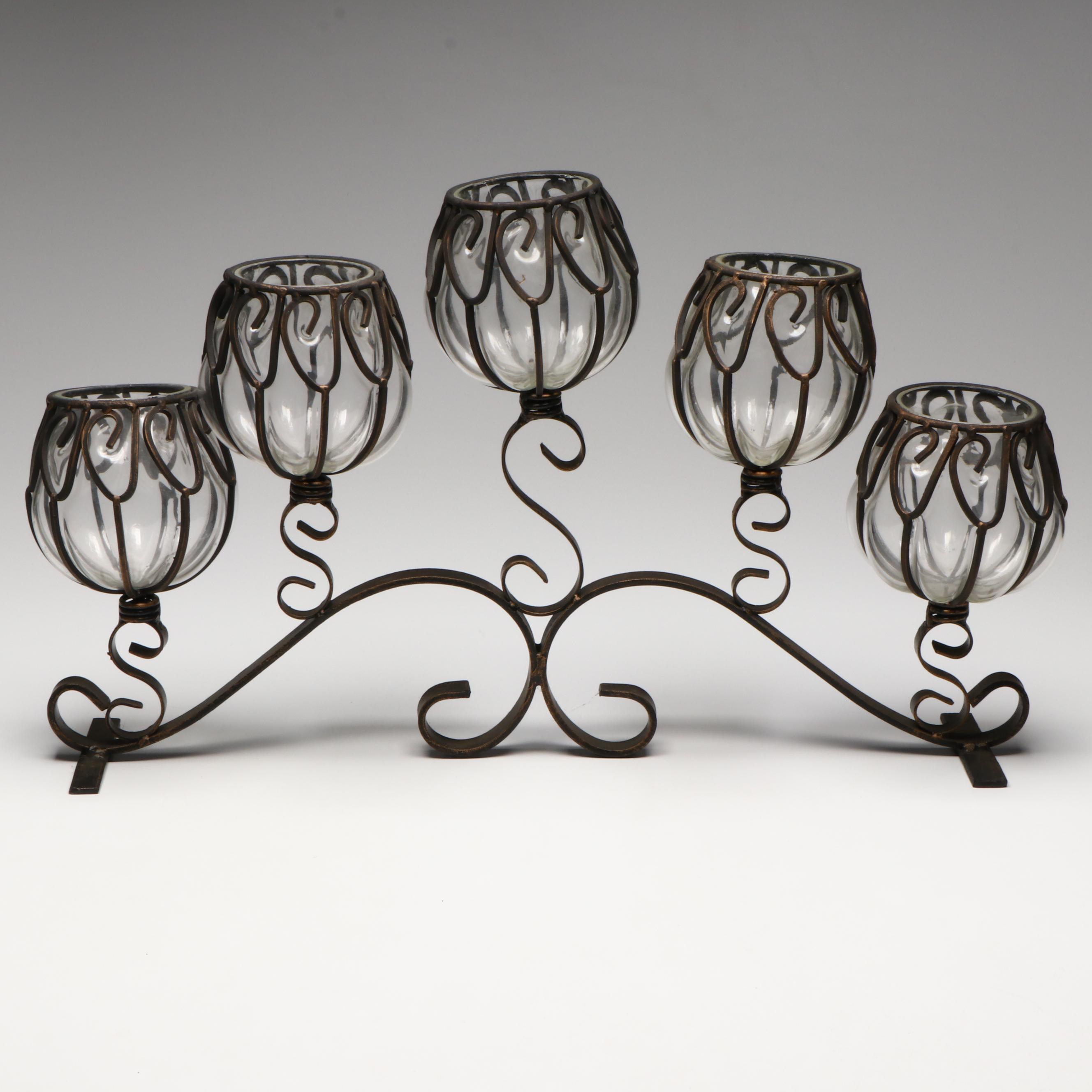 Bronze Finish Wrought Iron and Blown Glass Candelabra