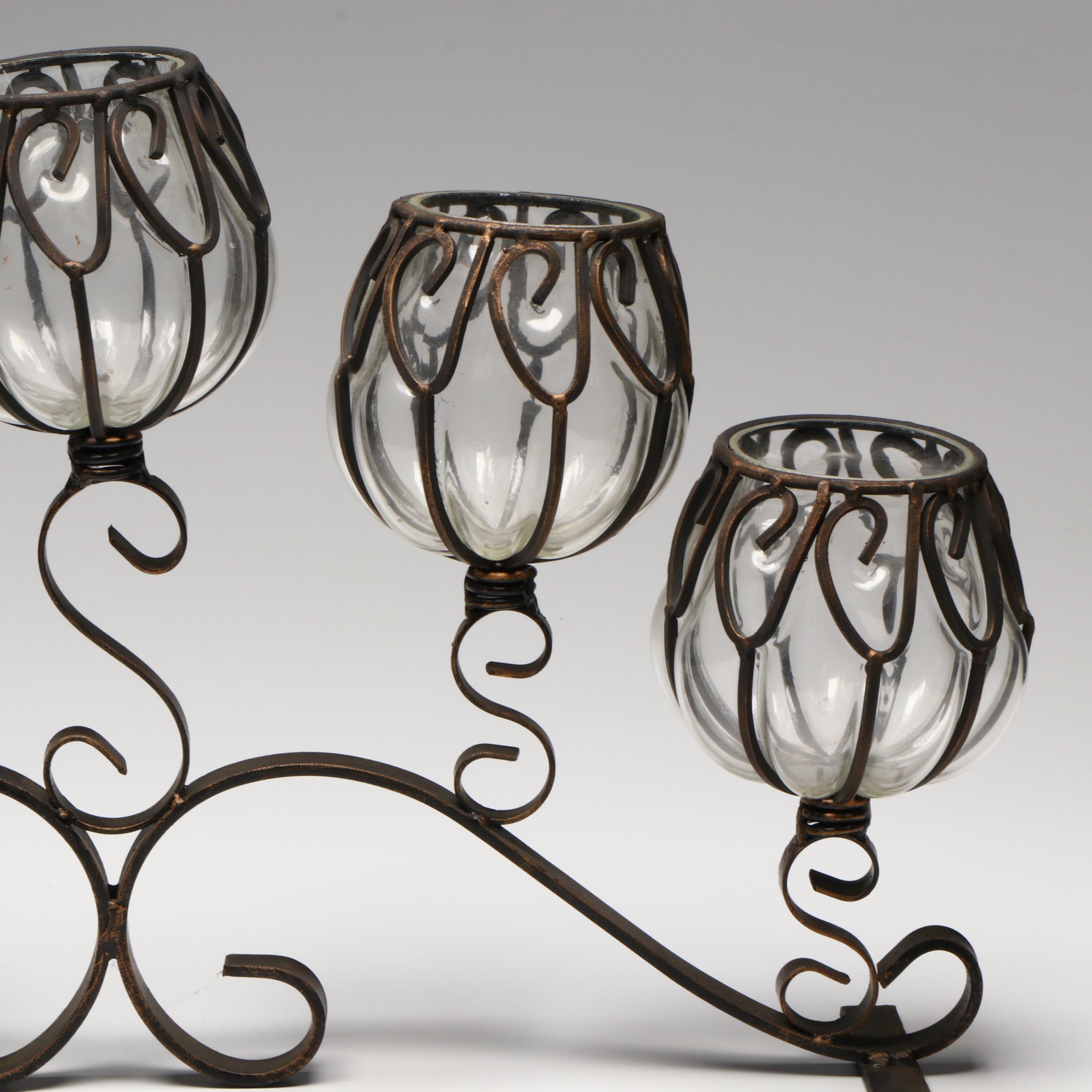 Bronze Finish Wrought Iron and Blown Glass Candelabra