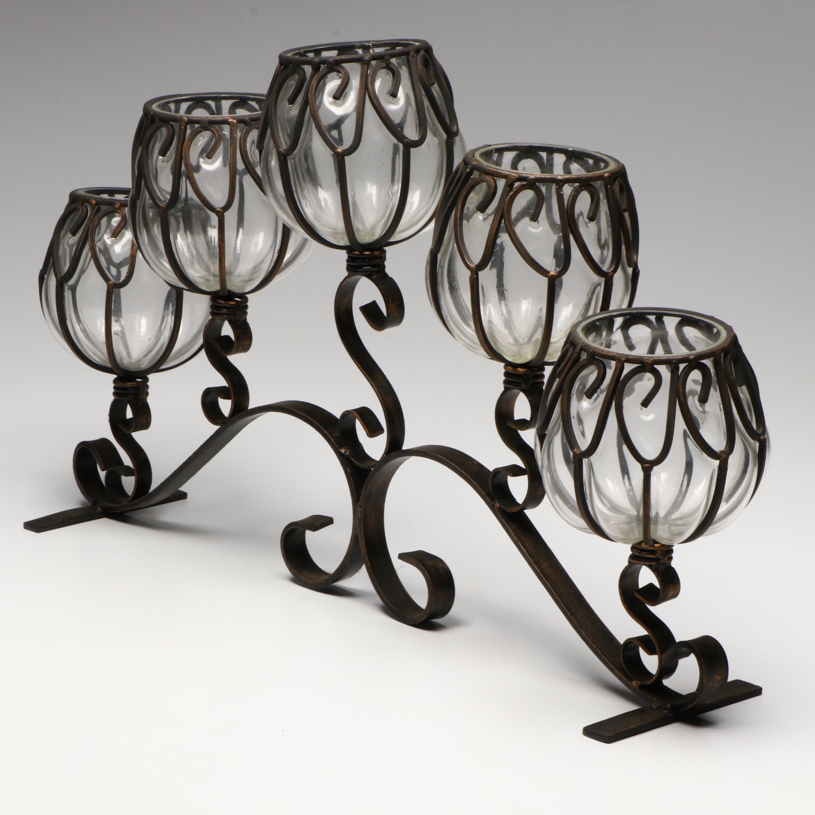 Bronze Finish Wrought Iron and Blown Glass Candelabra