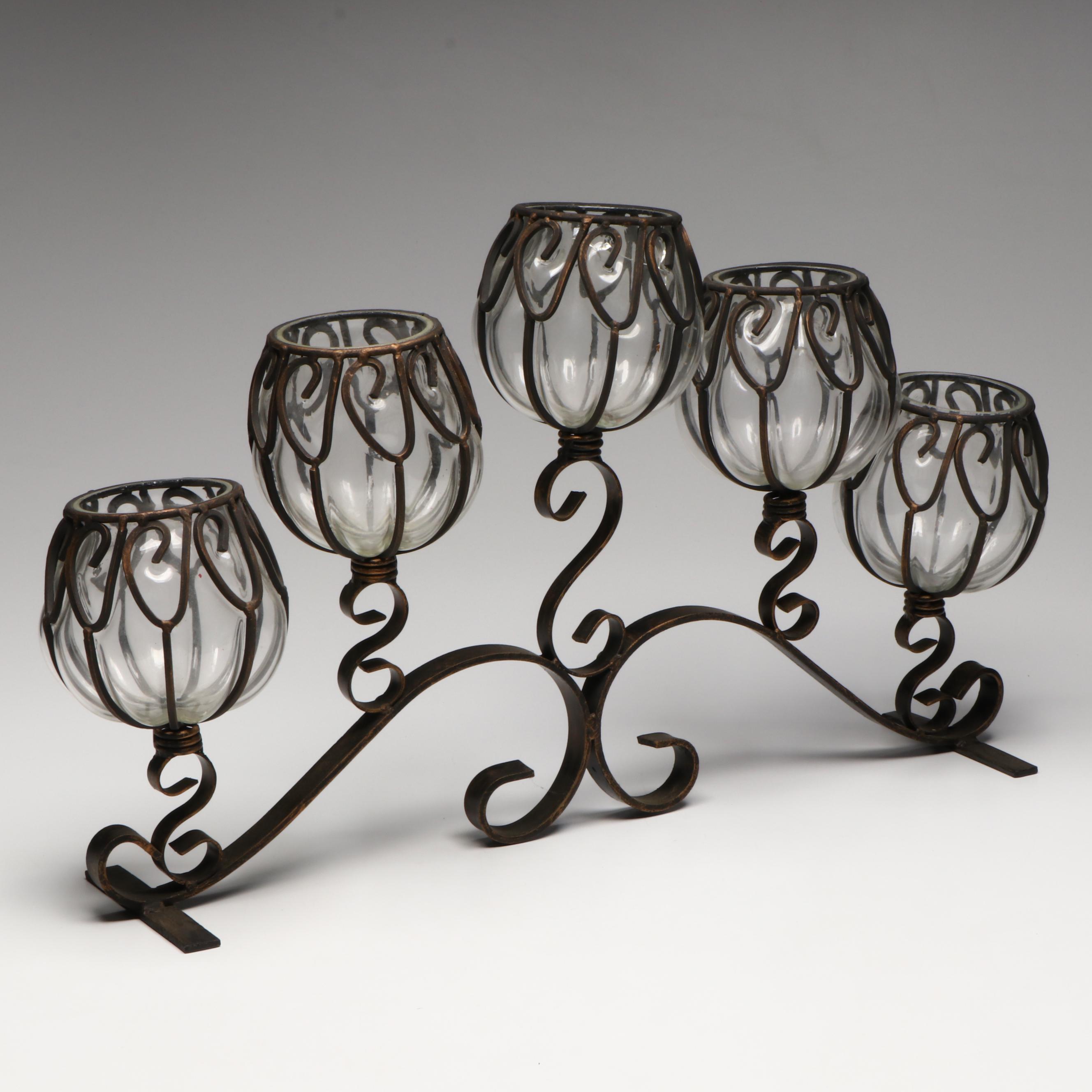 Bronze Finish Wrought Iron and Blown Glass Candelabra
