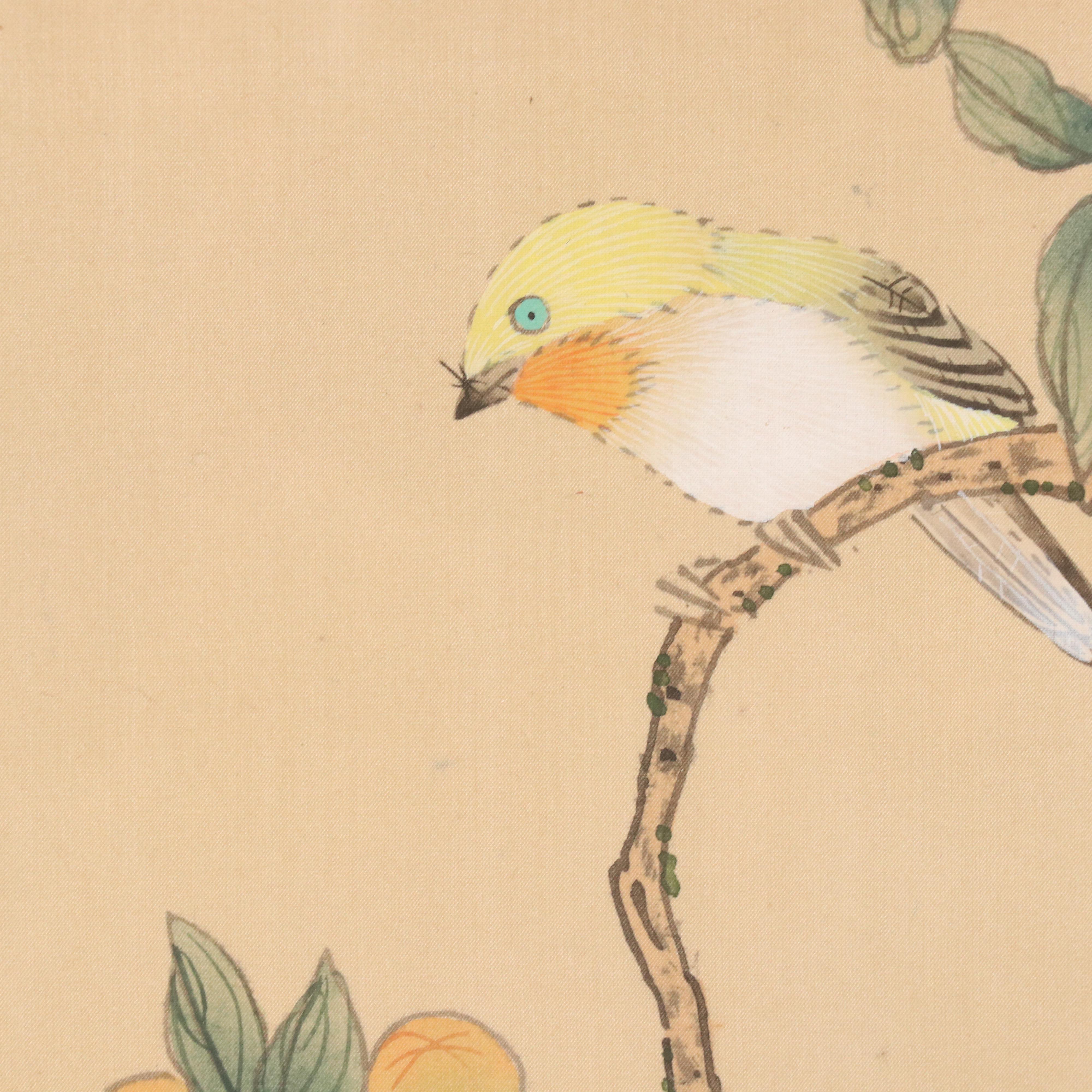 Chinese School Huaniaohua Gouache Painting on Silk of Bird with Peonies