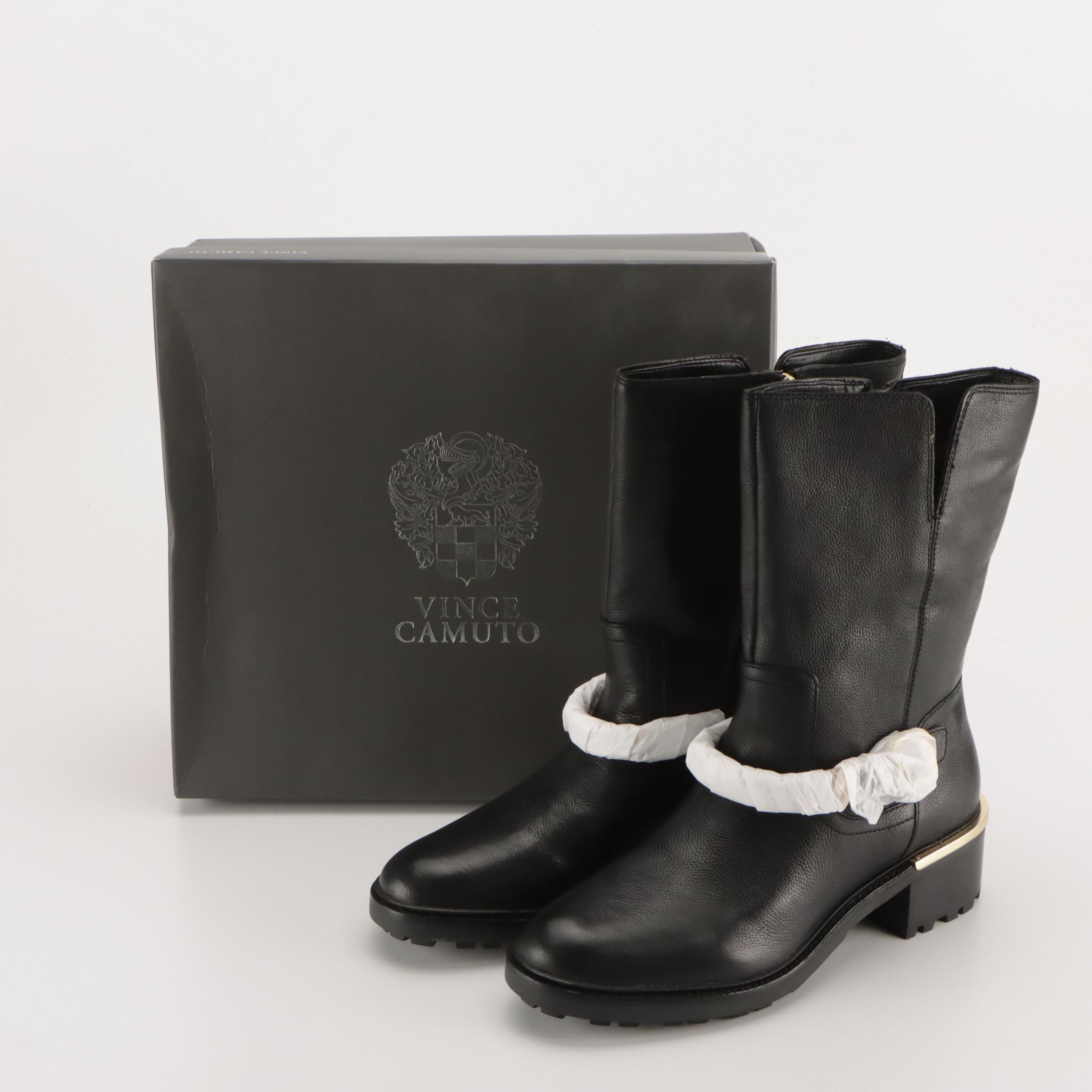 Vince Camuto Black Grain Leather Keshilla Zip Boots with Box