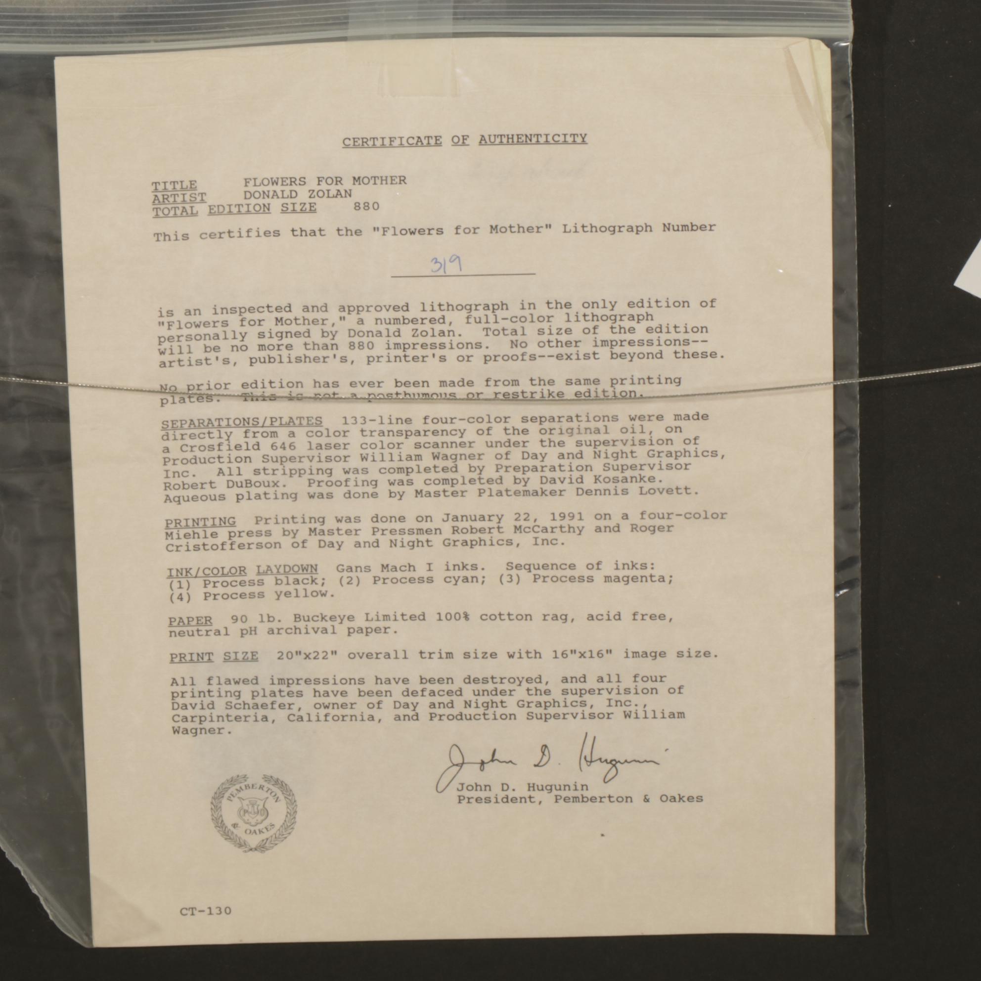 Donald Zolan "Flowers for Mother" Offset Lithograph, 1991