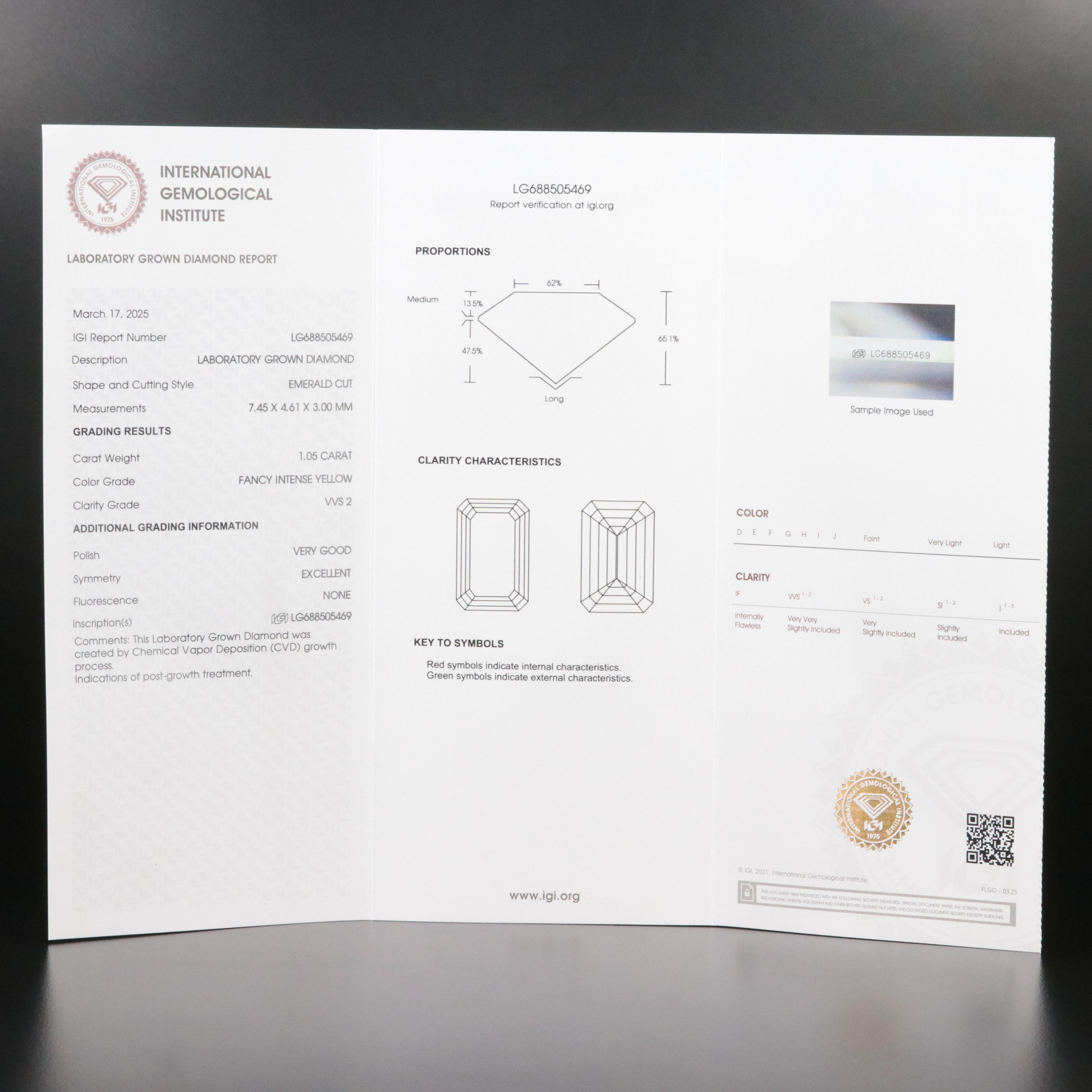 Loose 1.05 CT Lab Grown Fancy Yellow Diamond with IGI Report