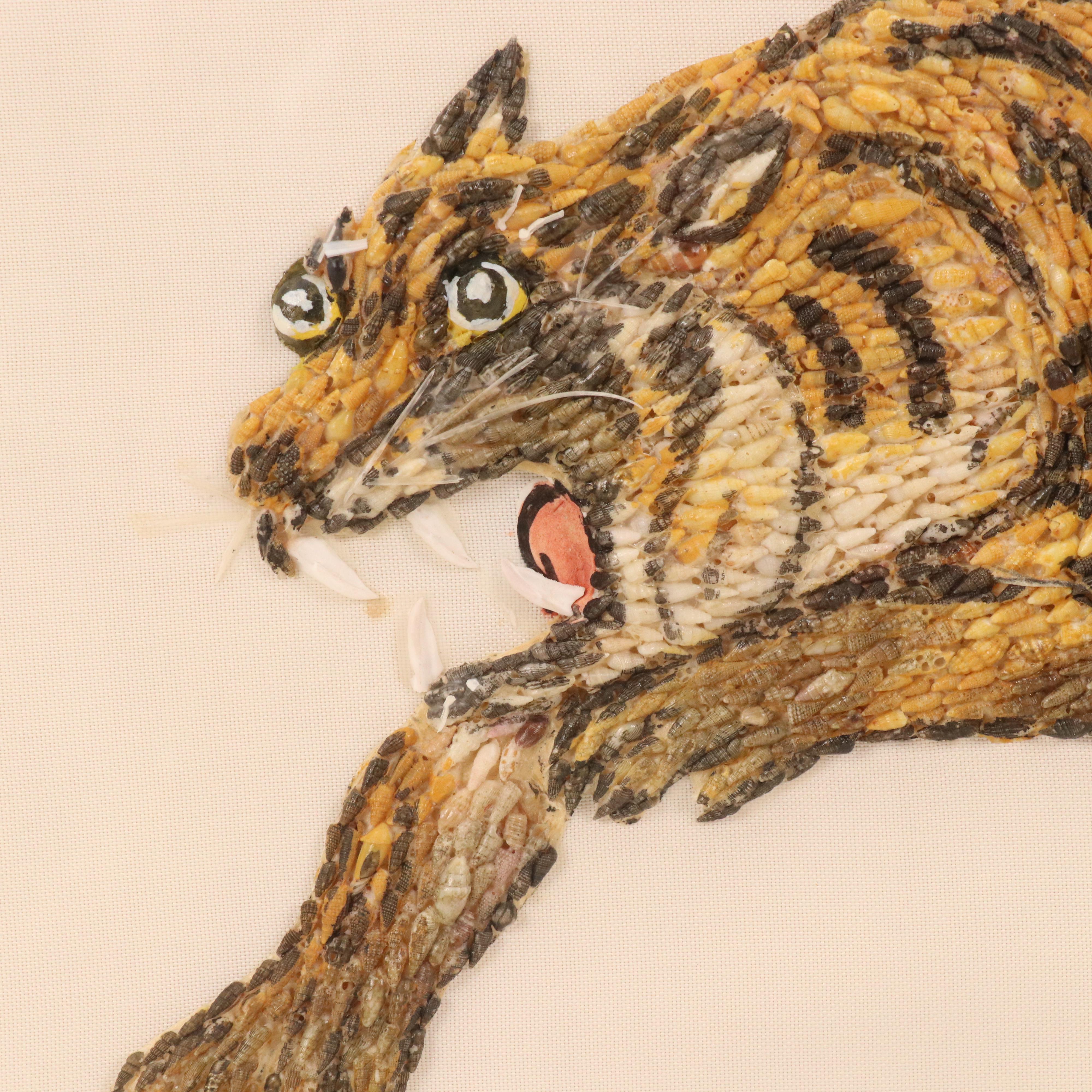 Taiwanese School Hand-Painted Seashell Assemblage on Silk of Tiger