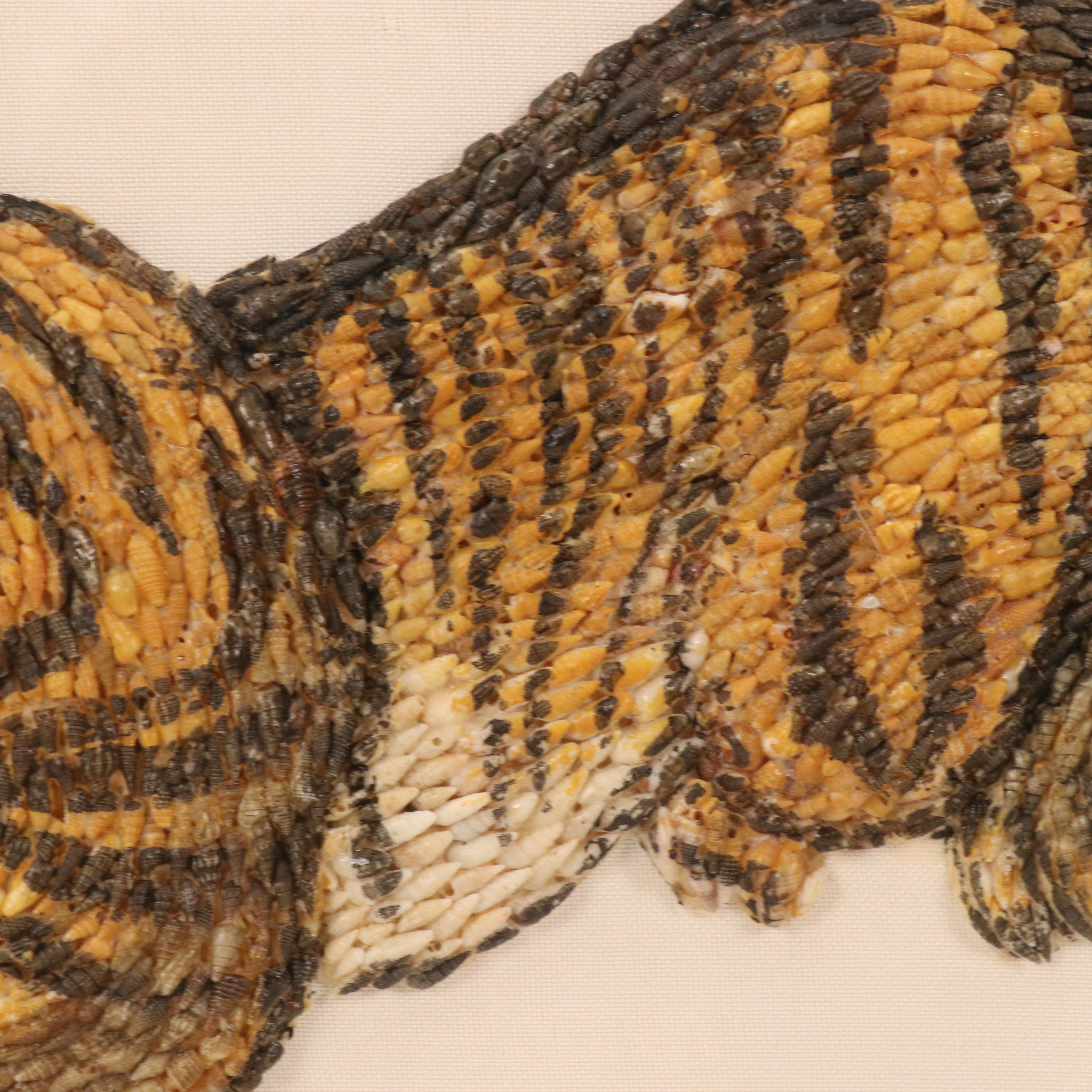 Taiwanese School Hand-Painted Seashell Assemblage on Silk of Tiger