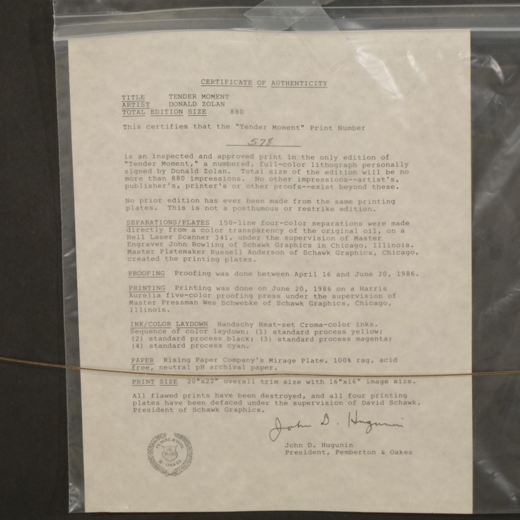 Donald Zolan "Tender Moment" Offset Lithograph, 1989