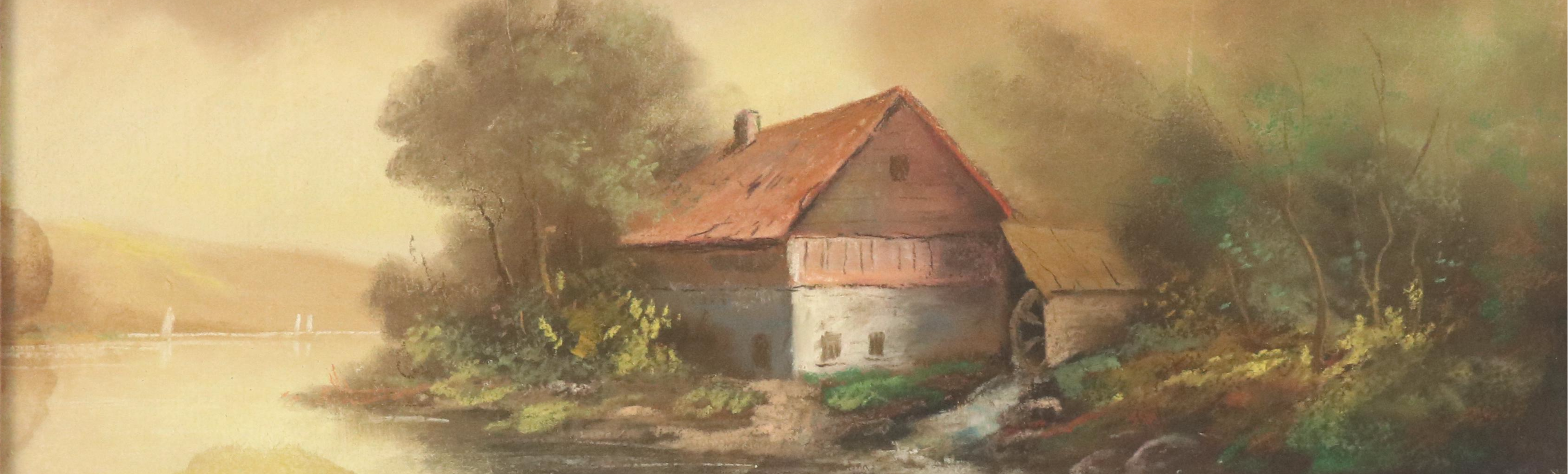 Chalk Pastel Landscape Drawing of Riverside Cabin with Water Wheel