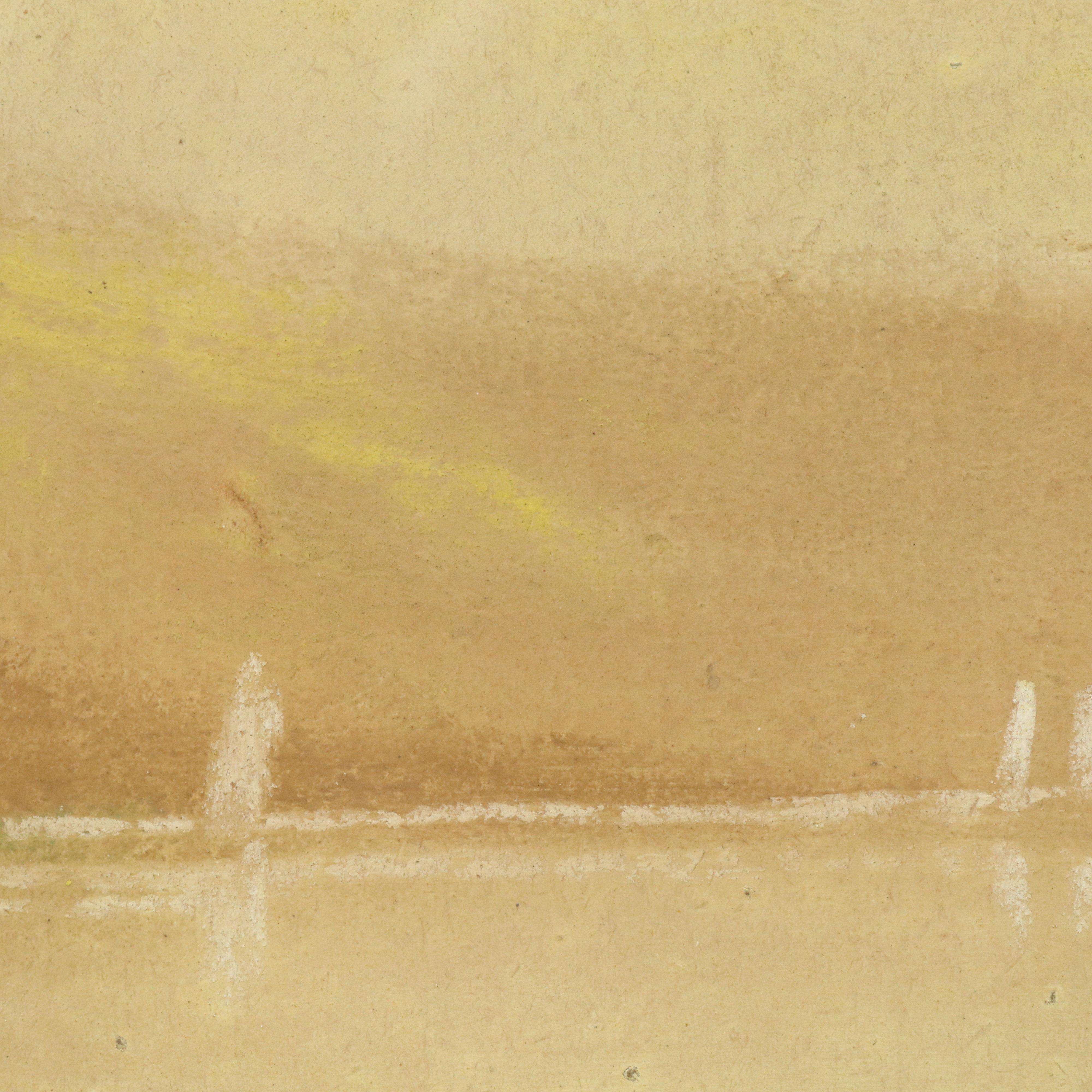 Chalk Pastel Landscape Drawing of Riverside Cabin with Water Wheel