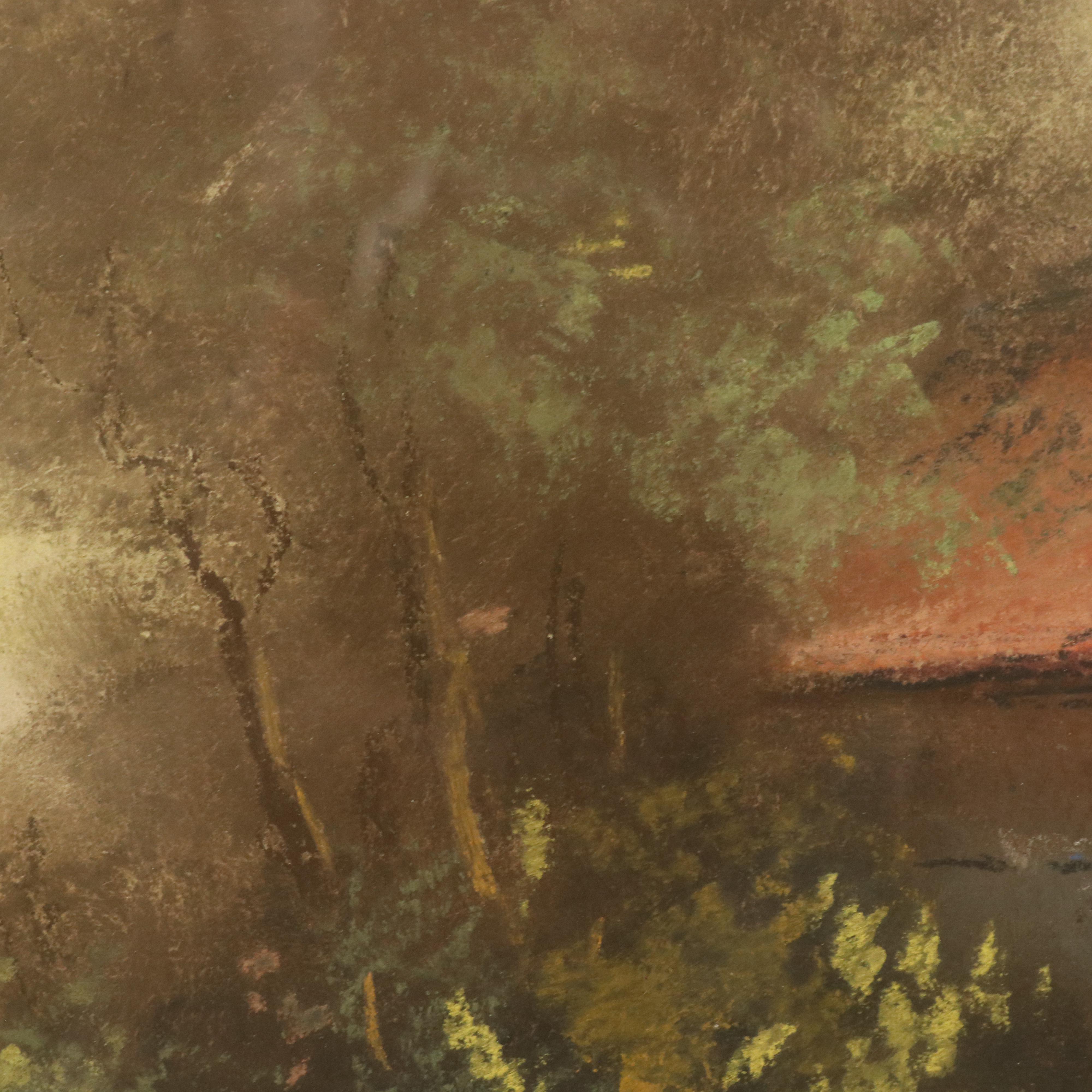 Chalk Pastel Landscape Drawing of Riverside Cabin with Water Wheel