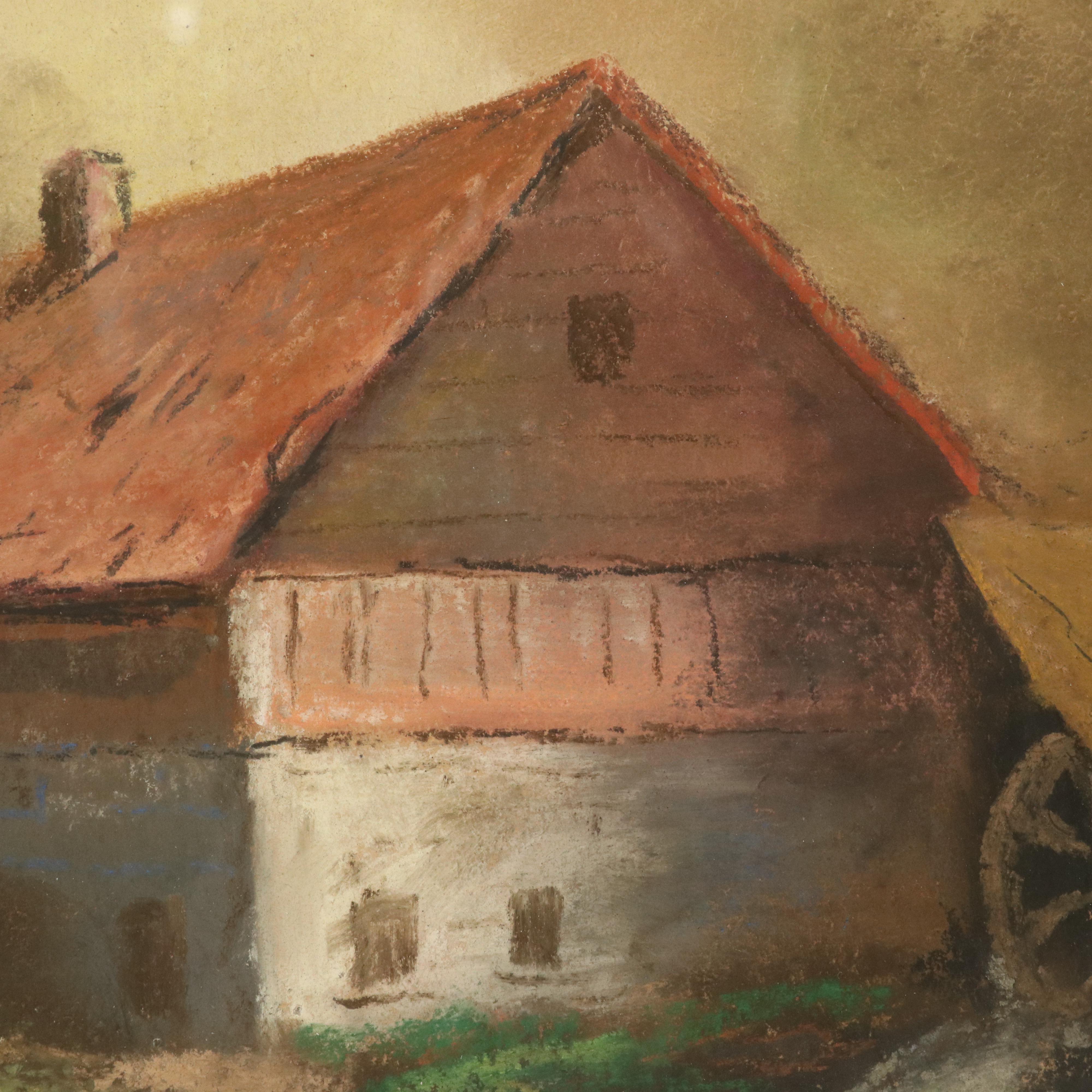 Chalk Pastel Landscape Drawing of Riverside Cabin with Water Wheel