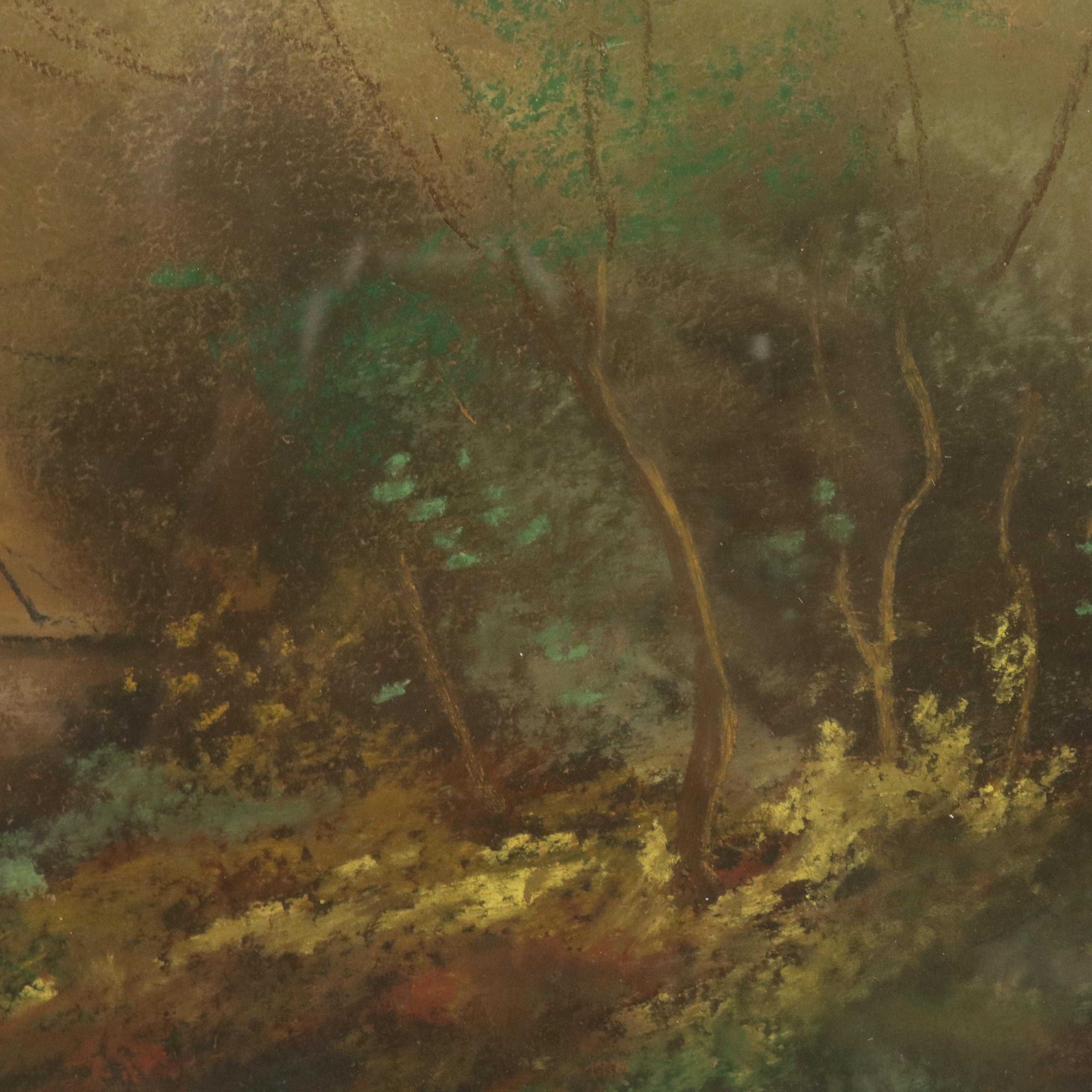 Chalk Pastel Landscape Drawing of Riverside Cabin with Water Wheel