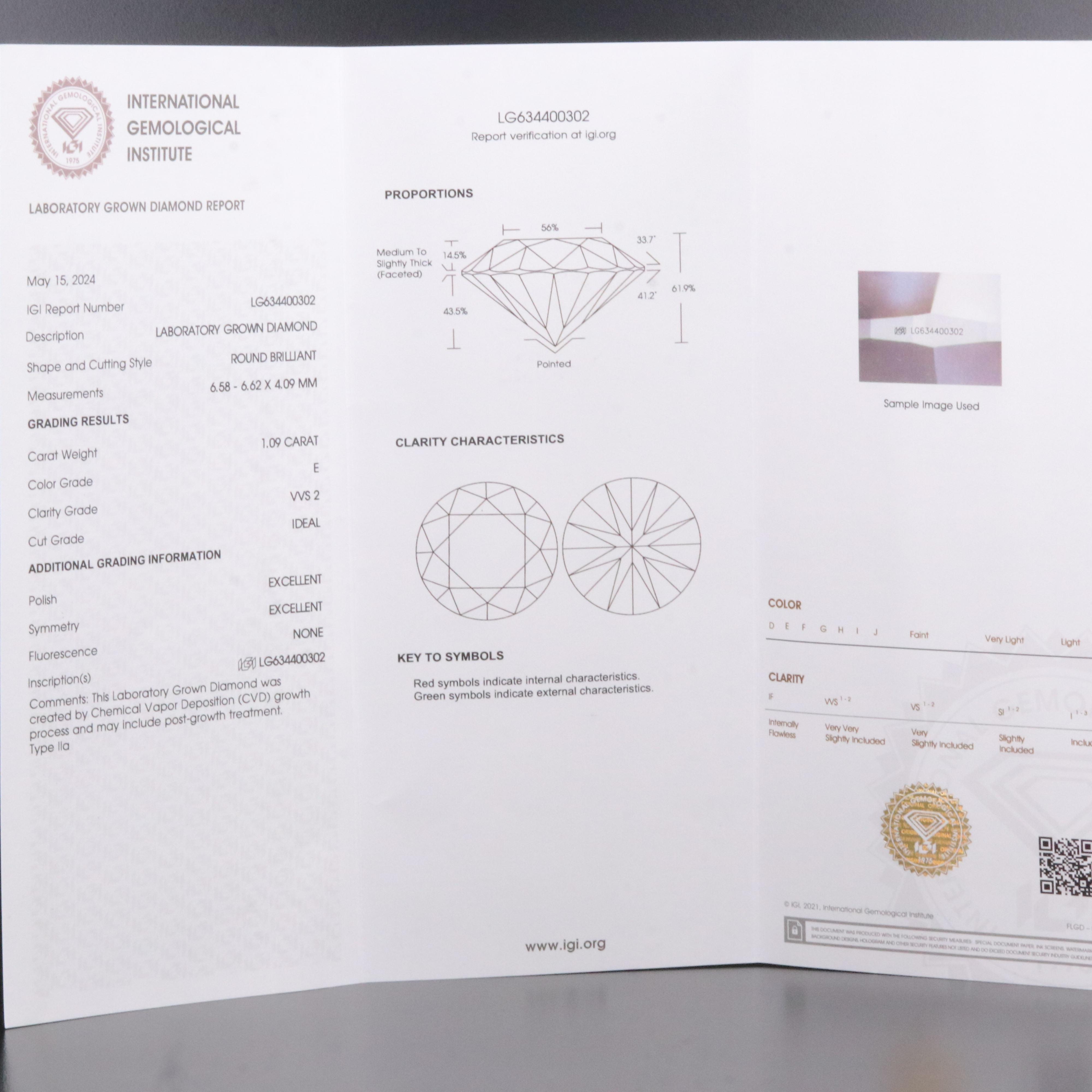 Loose 1.09 CT Lab Grown Diamond with IGI Report