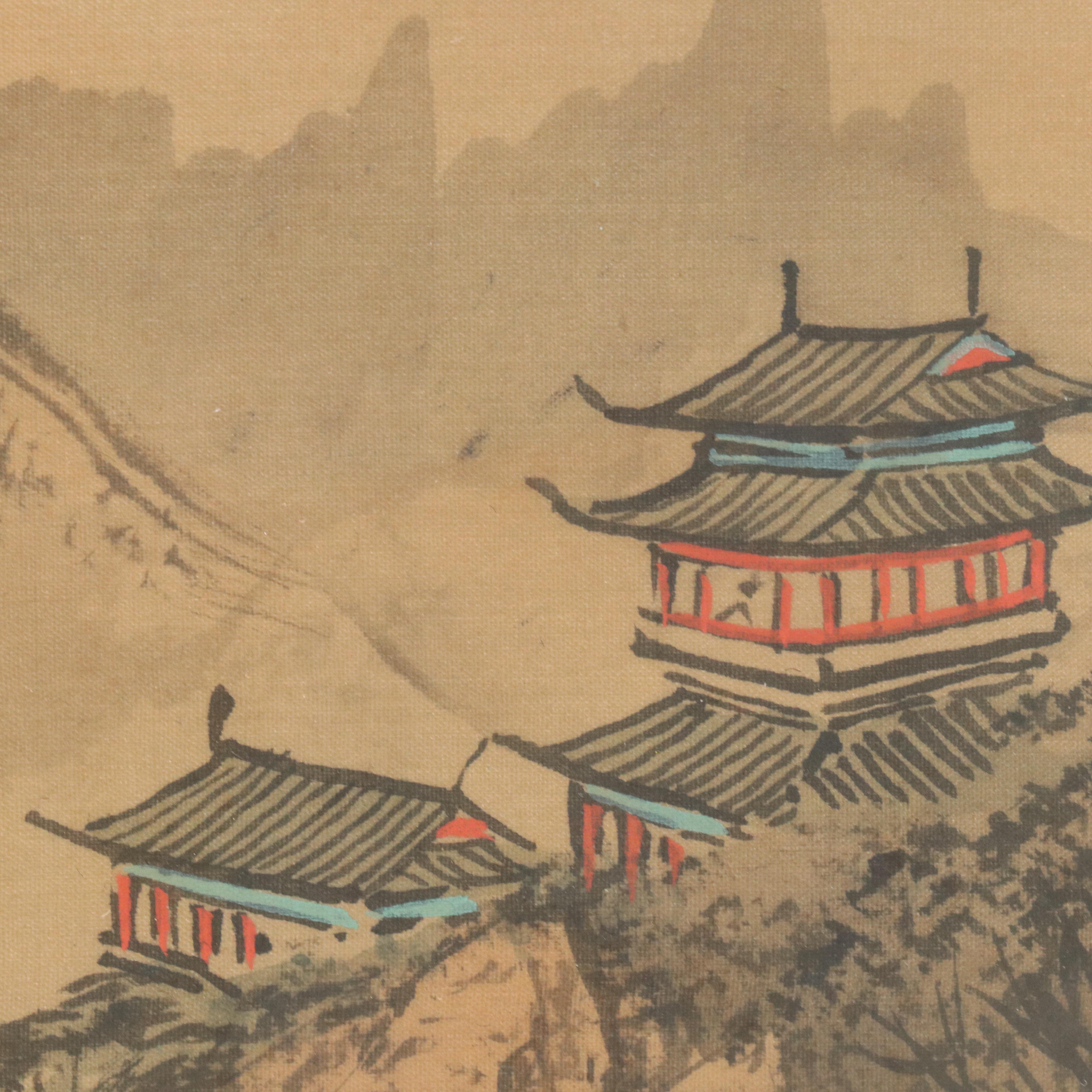 Chinese School Watercolor Landscape Painting of Clifftop Temple, 20th Century