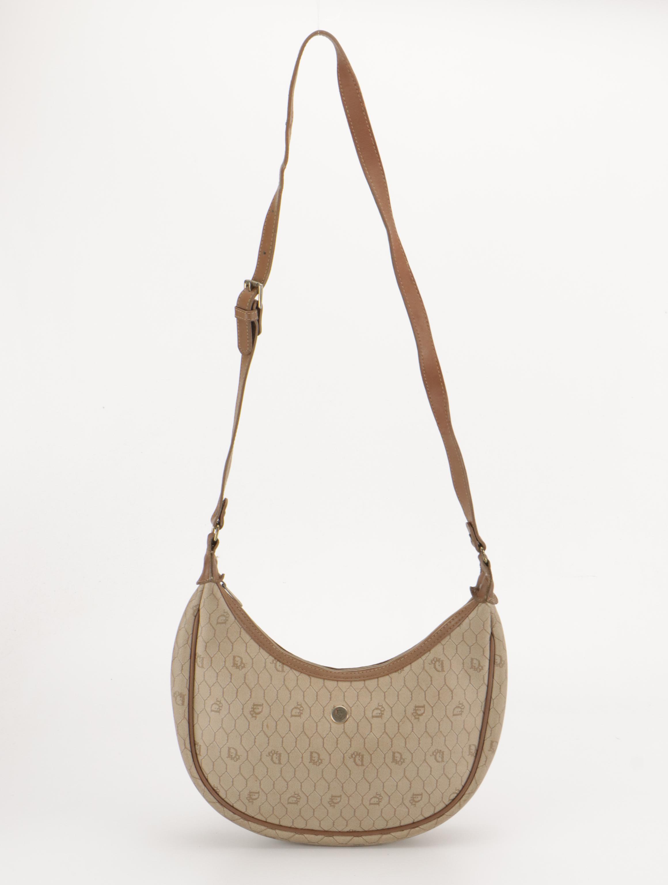 Christian Dior Half Moon Crossbody Bag in Beige Honeycomb Canvas and Leather