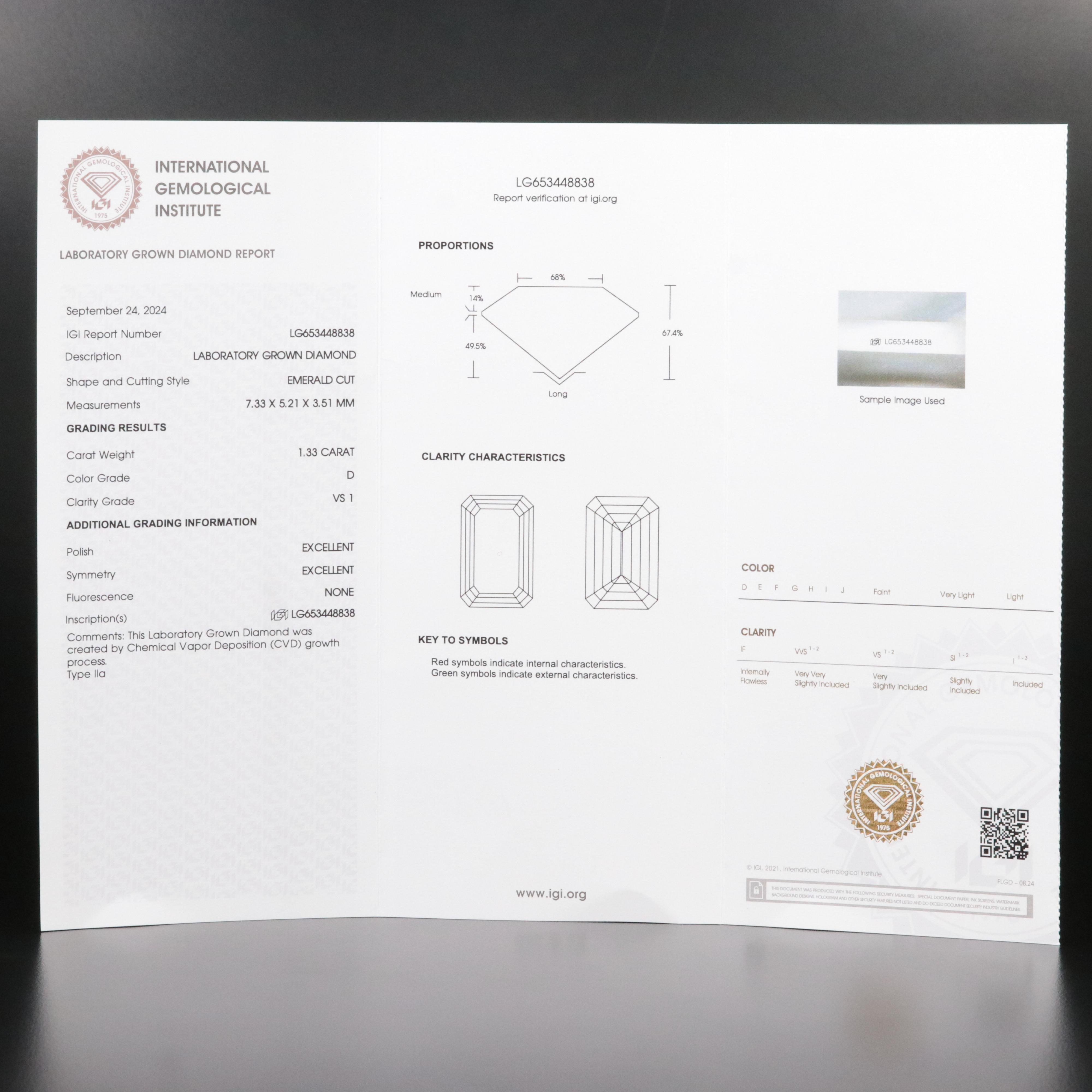 Loose 1.33 CT Lab Grown Diamond with IGI Report