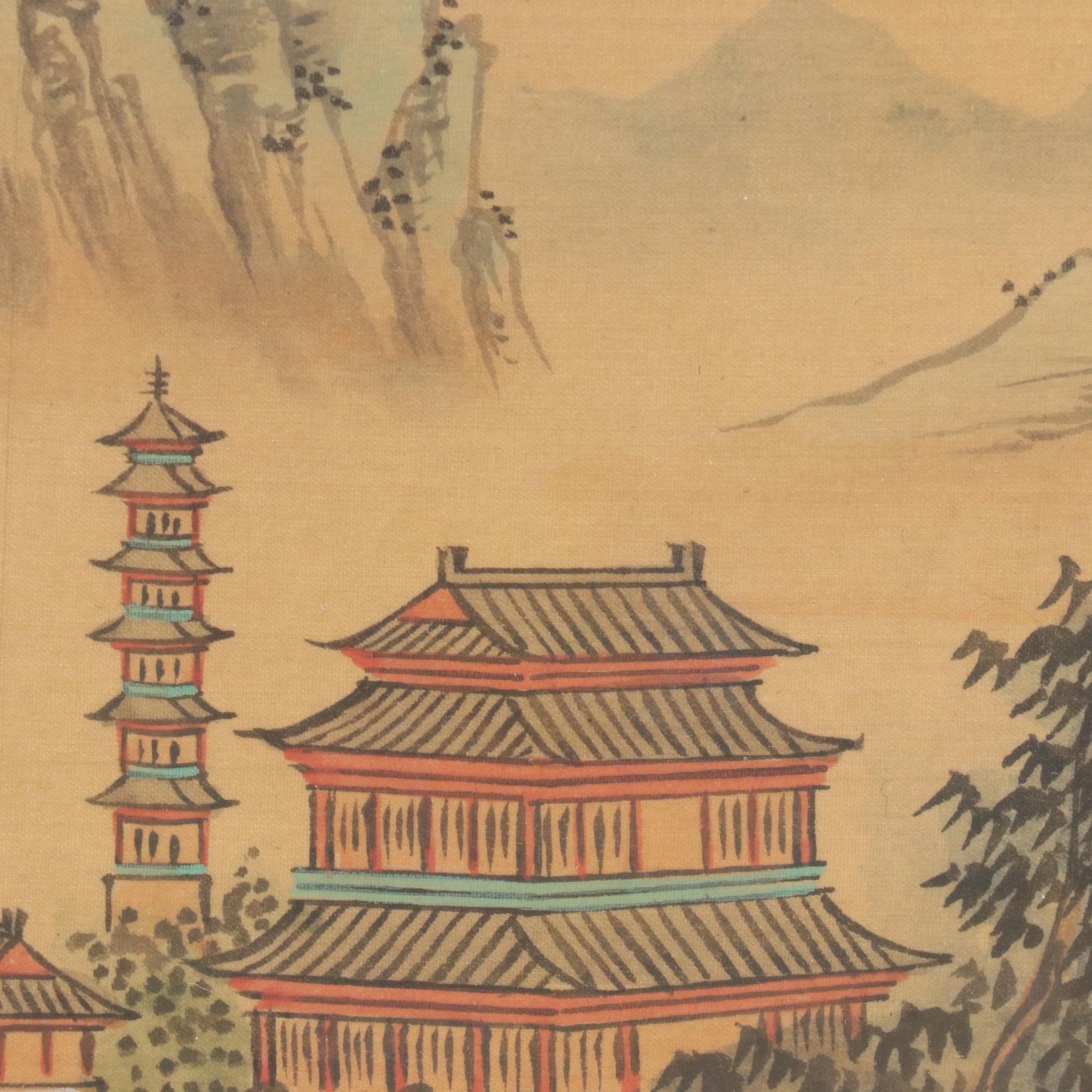 Chinese School Watercolor Landscape Painting of Tower with Trees, 20th Century