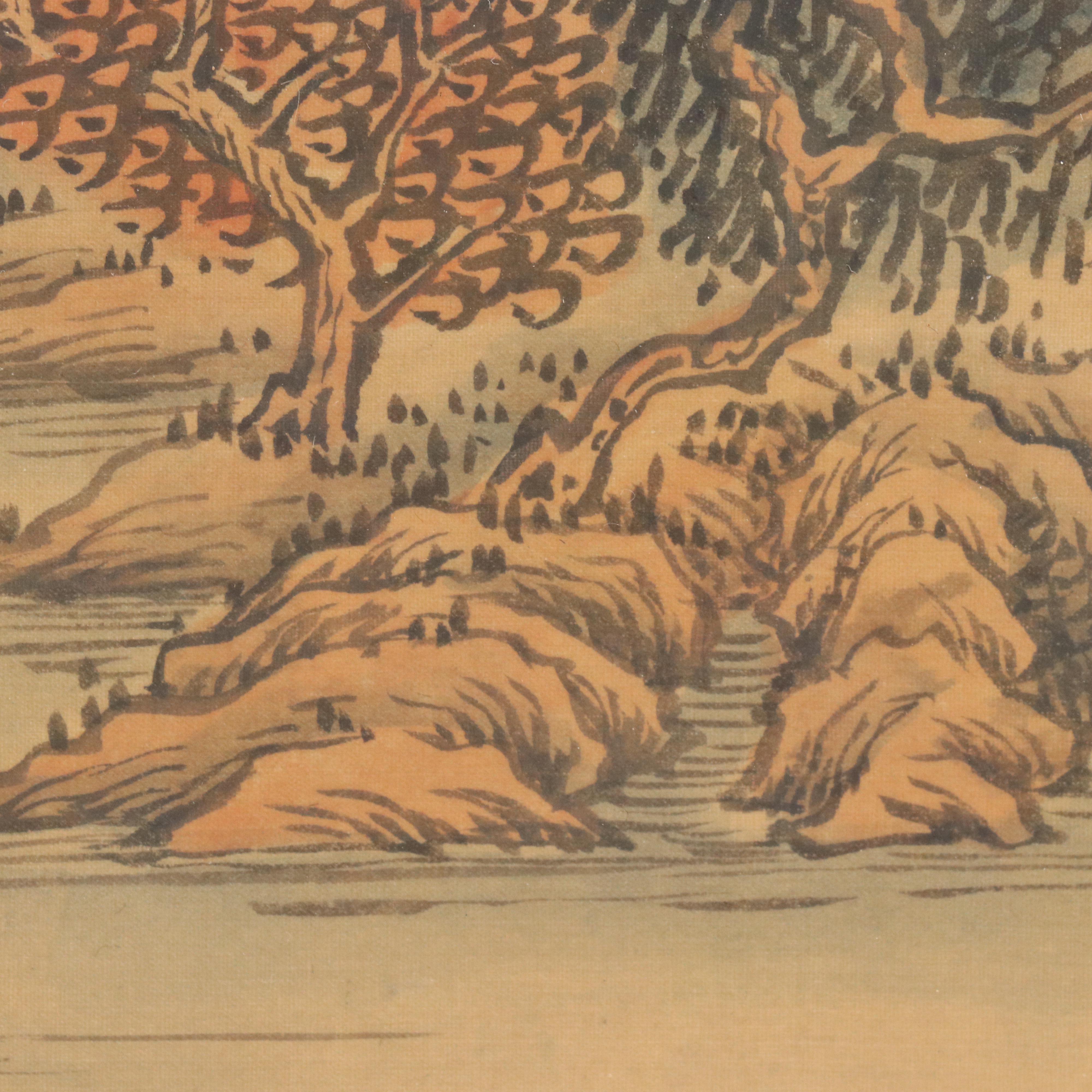 Chinese School Watercolor Landscape Painting of Tower with Trees, 20th Century