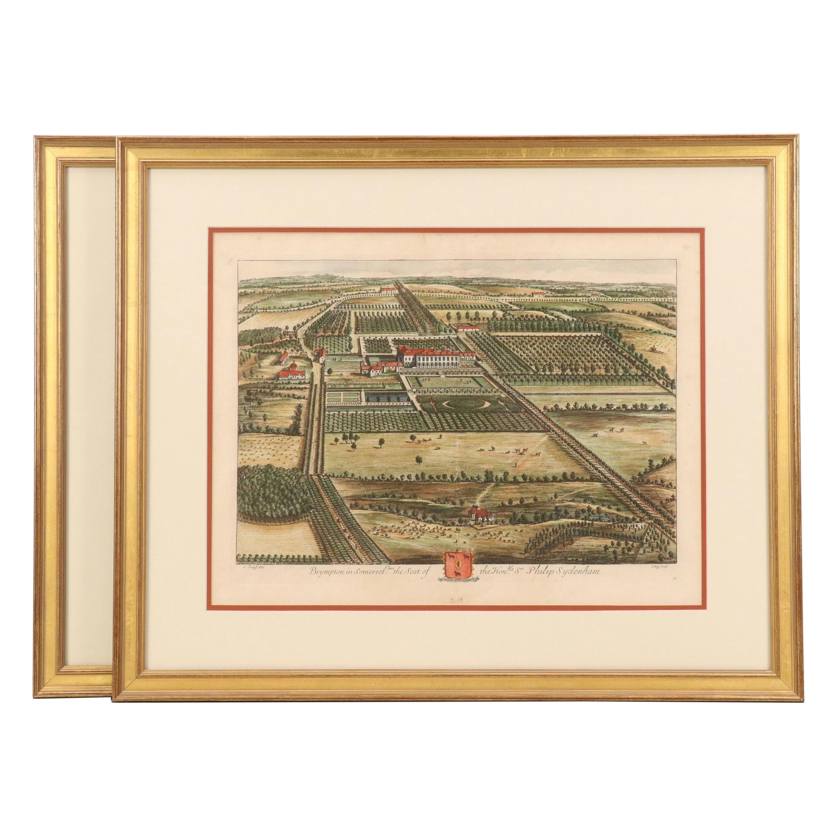 "Kip's Views" Johannes Kip After Leonard Knyff Hand-Colored Engravings, 18th C.