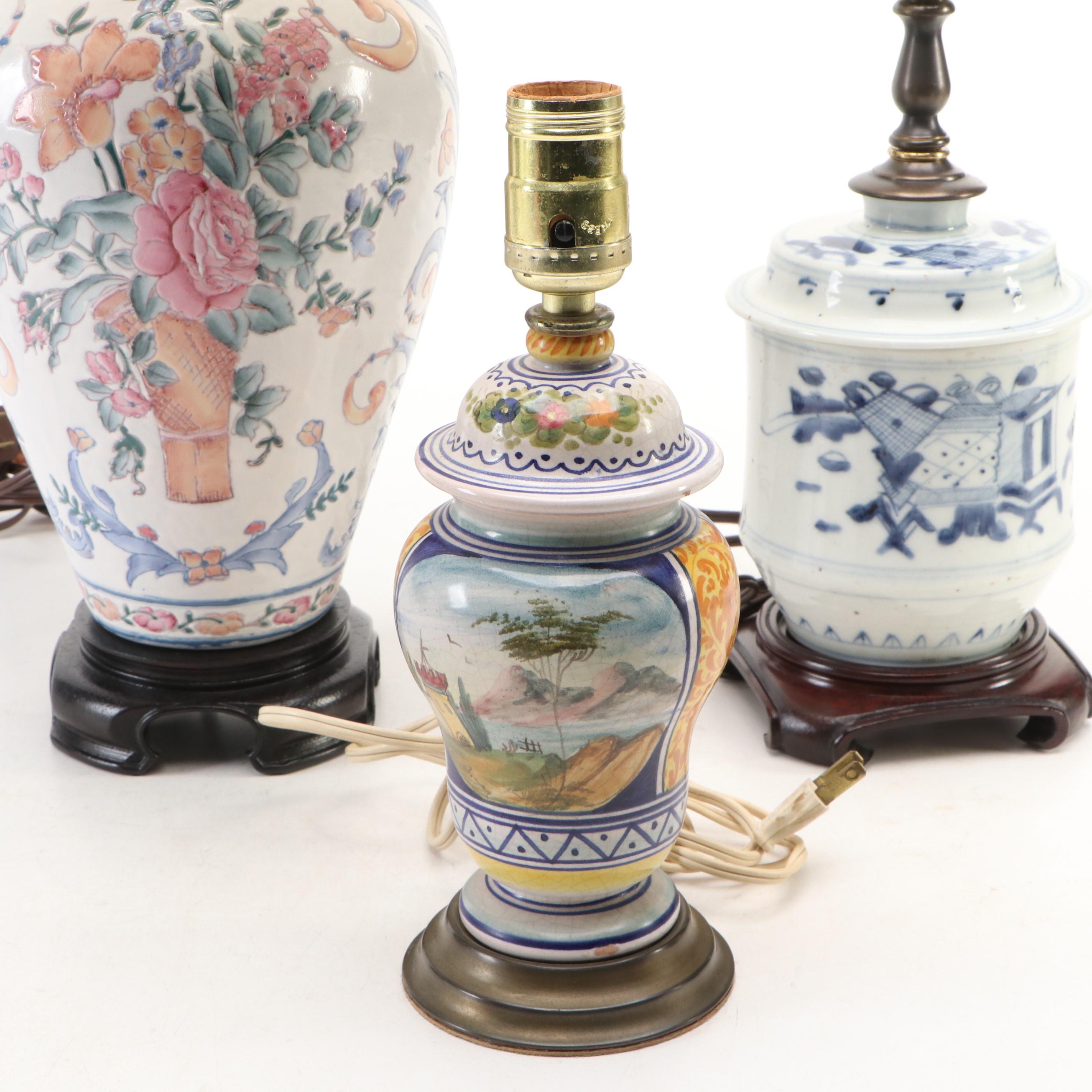 Bradburn Gallery Chinese Urn, Blue & White Jar & Porcelain Ginger Jar Lamps