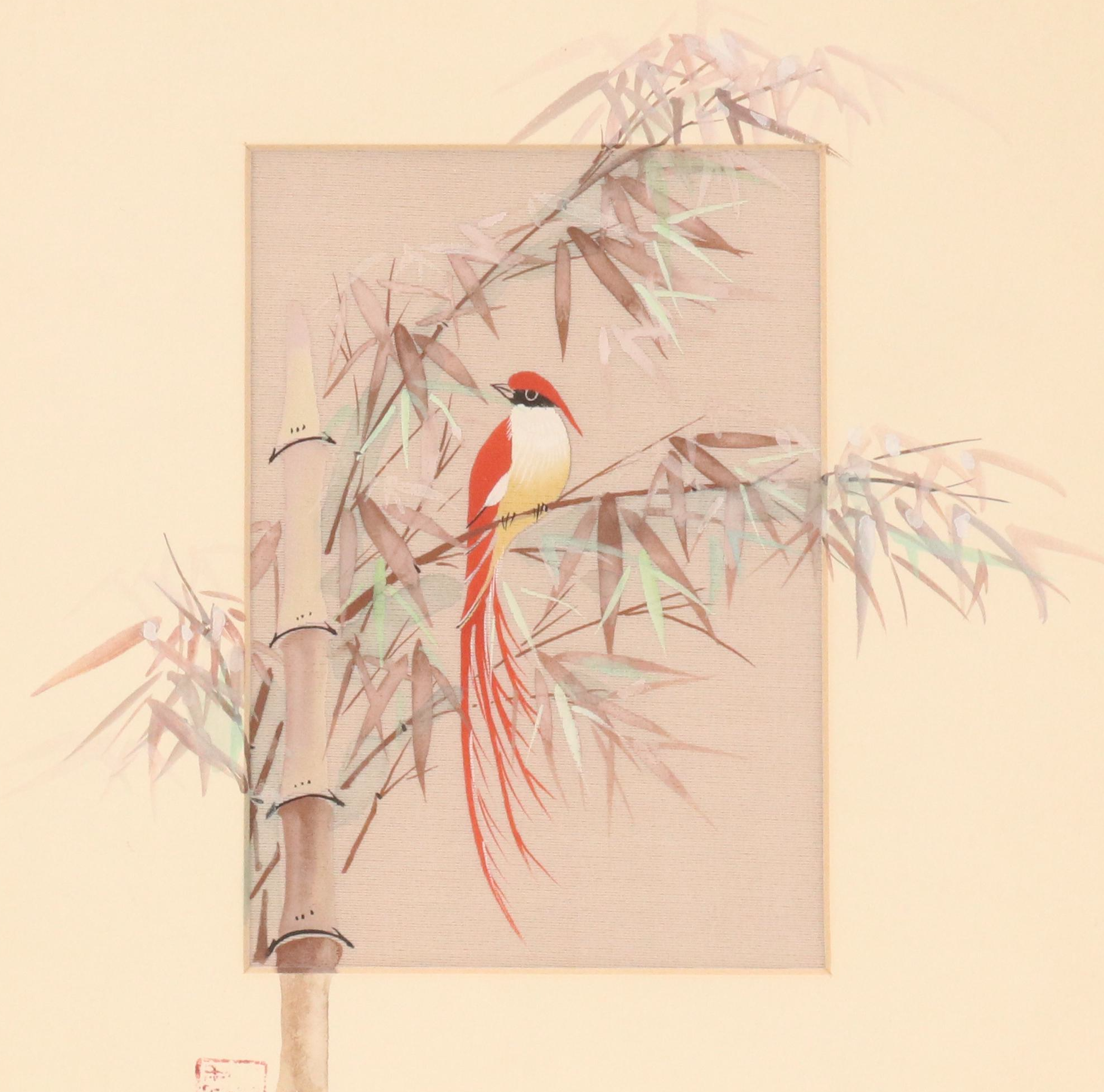 John Cheng Gouache Painting on Silk of Bird on Bamboo, Late 20th–Early 21st C.