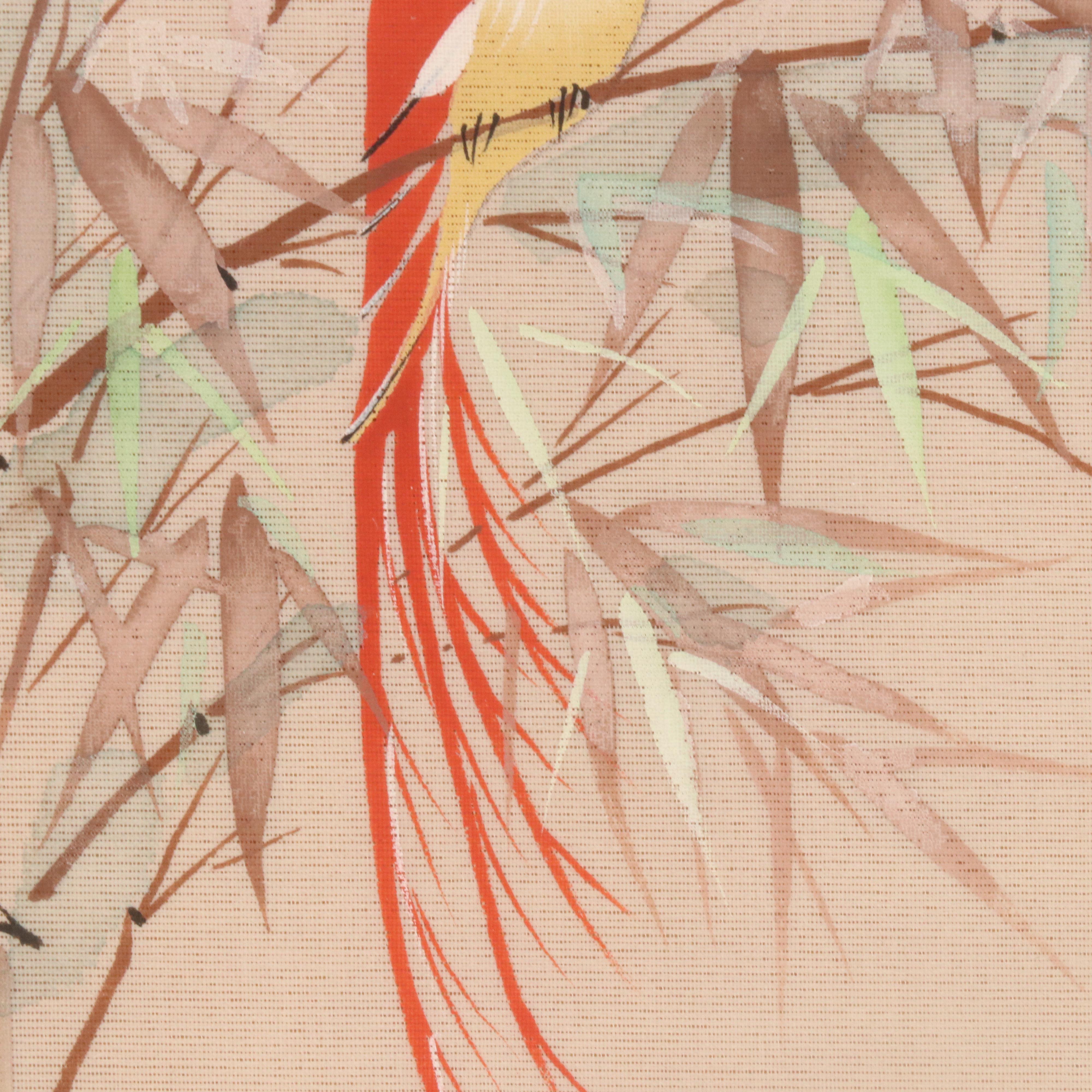 John Cheng Gouache Painting on Silk of Bird on Bamboo, Late 20th–Early 21st C.