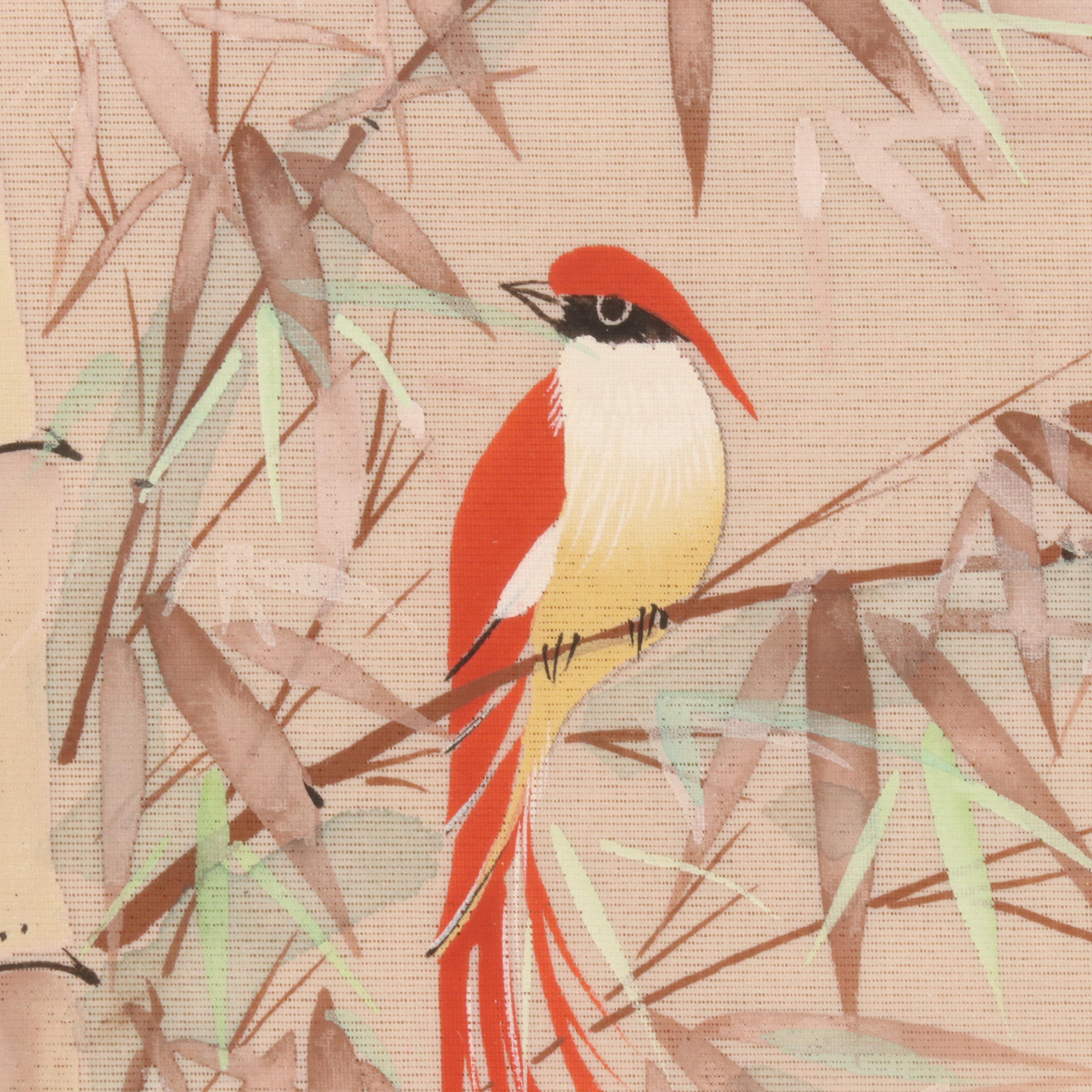 John Cheng Gouache Painting on Silk of Bird on Bamboo, Late 20th–Early 21st C.
