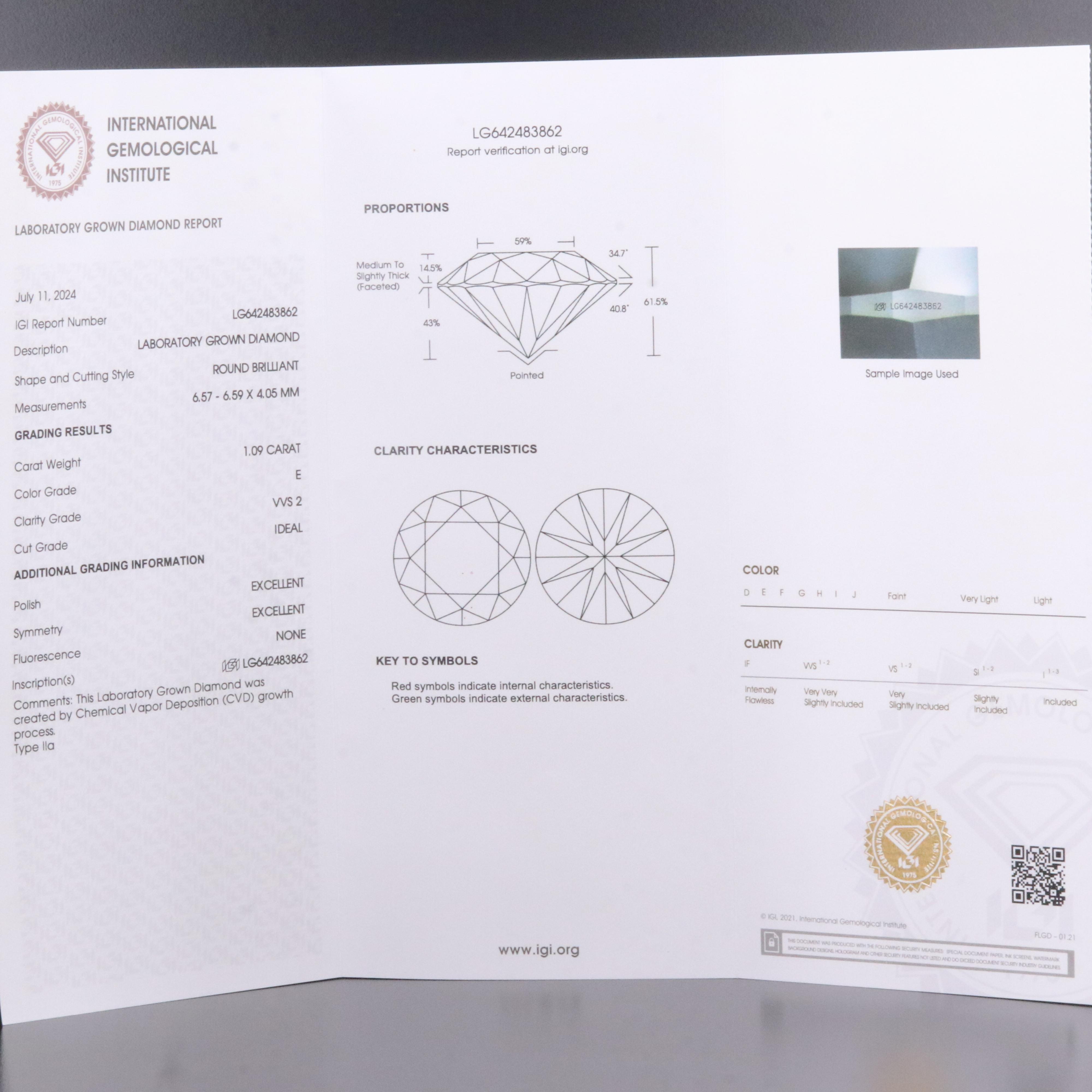 Loose 1.09 CT Lab Grown Diamond with IGI Report