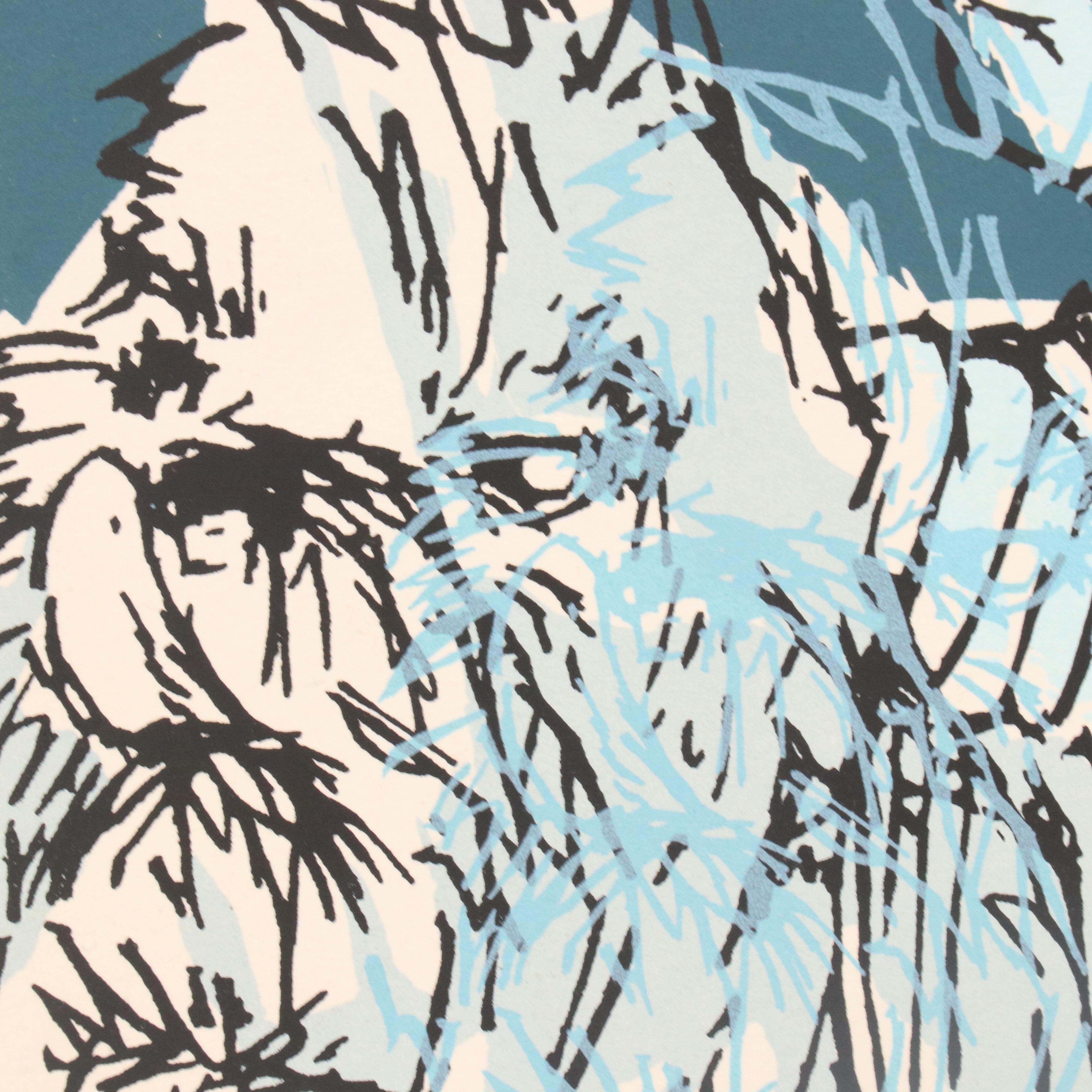 Monotone Blue Serigraph of Girl with Dog, Late 20th C.