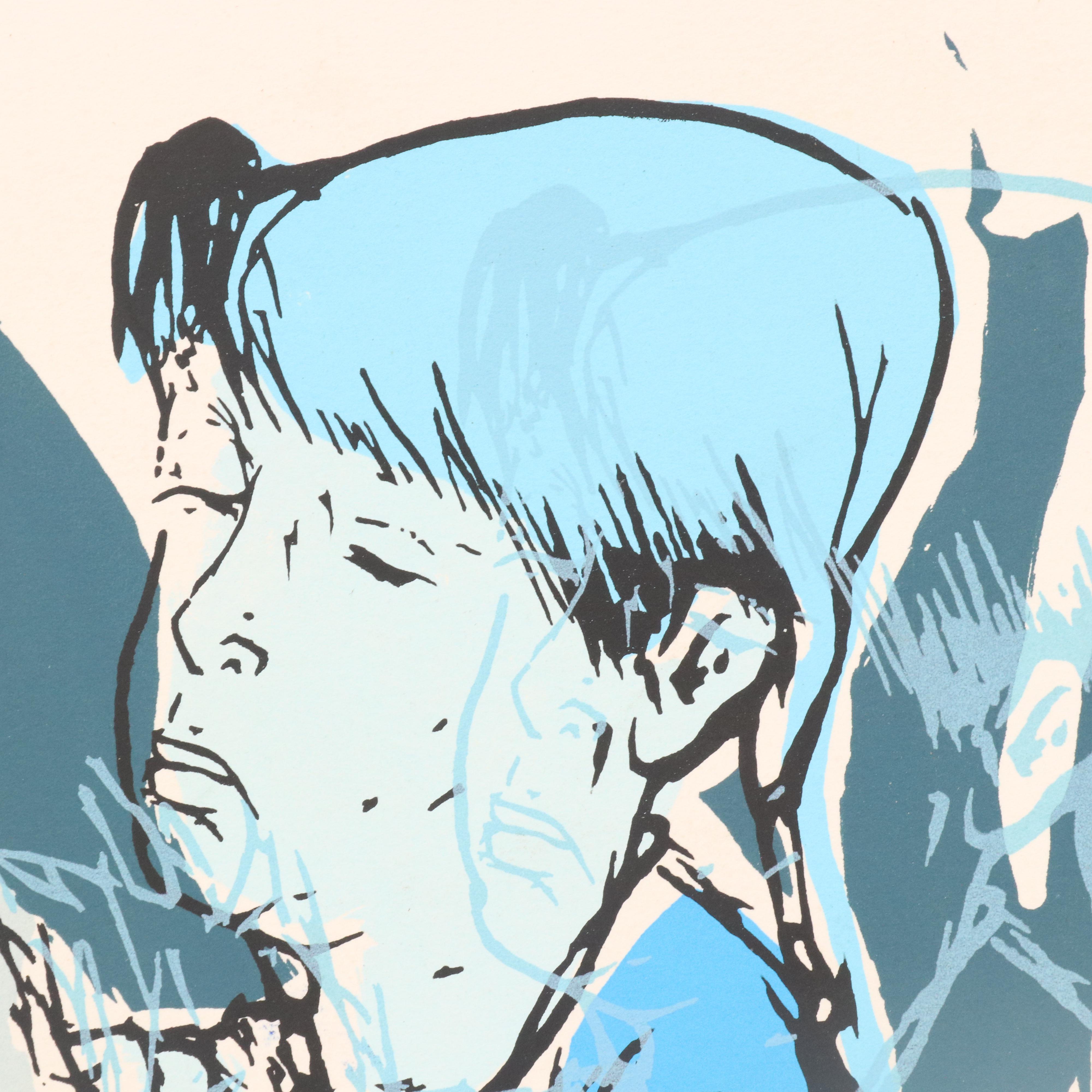 Monotone Blue Serigraph of Girl with Dog, Late 20th C.