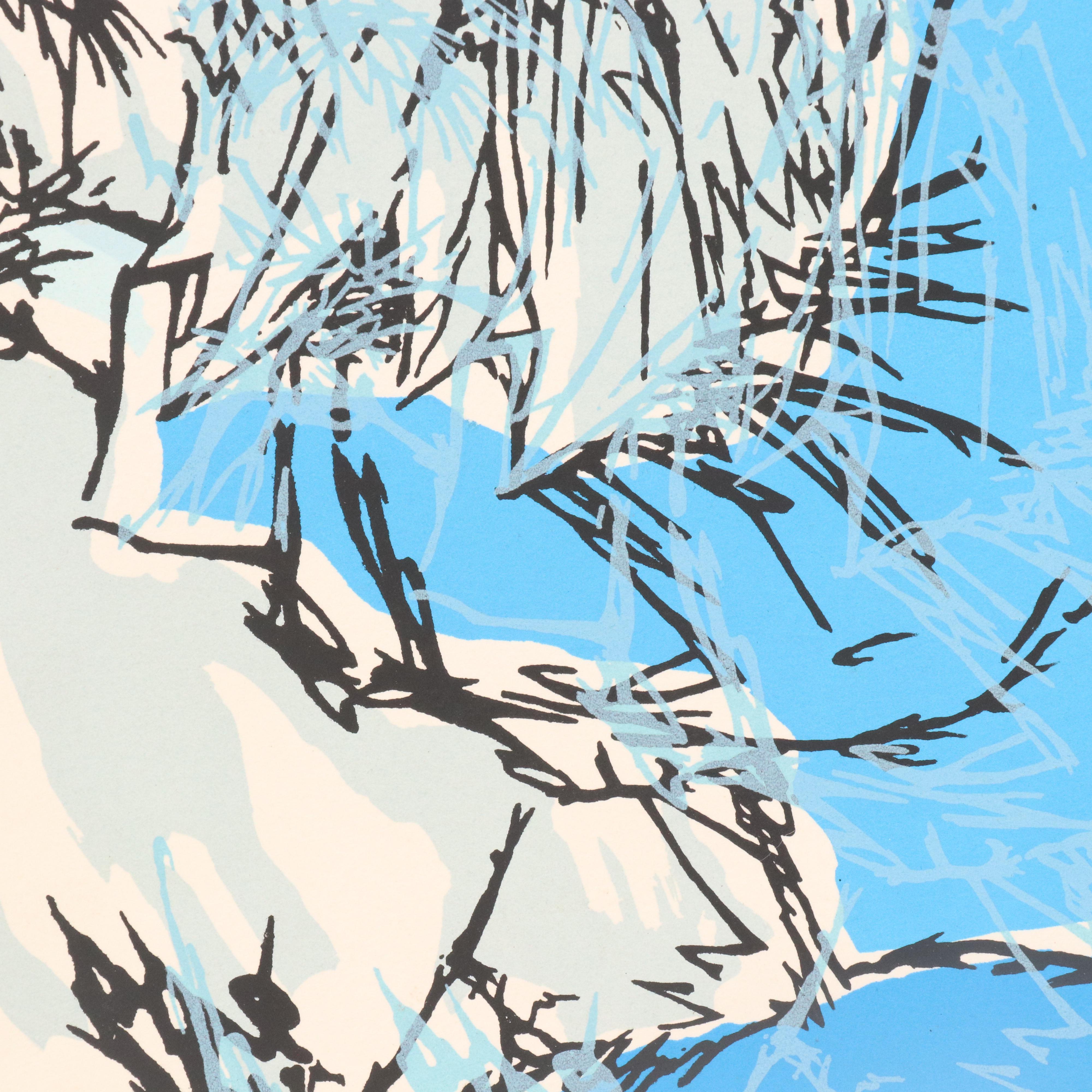 Monotone Blue Serigraph of Girl with Dog, Late 20th C.