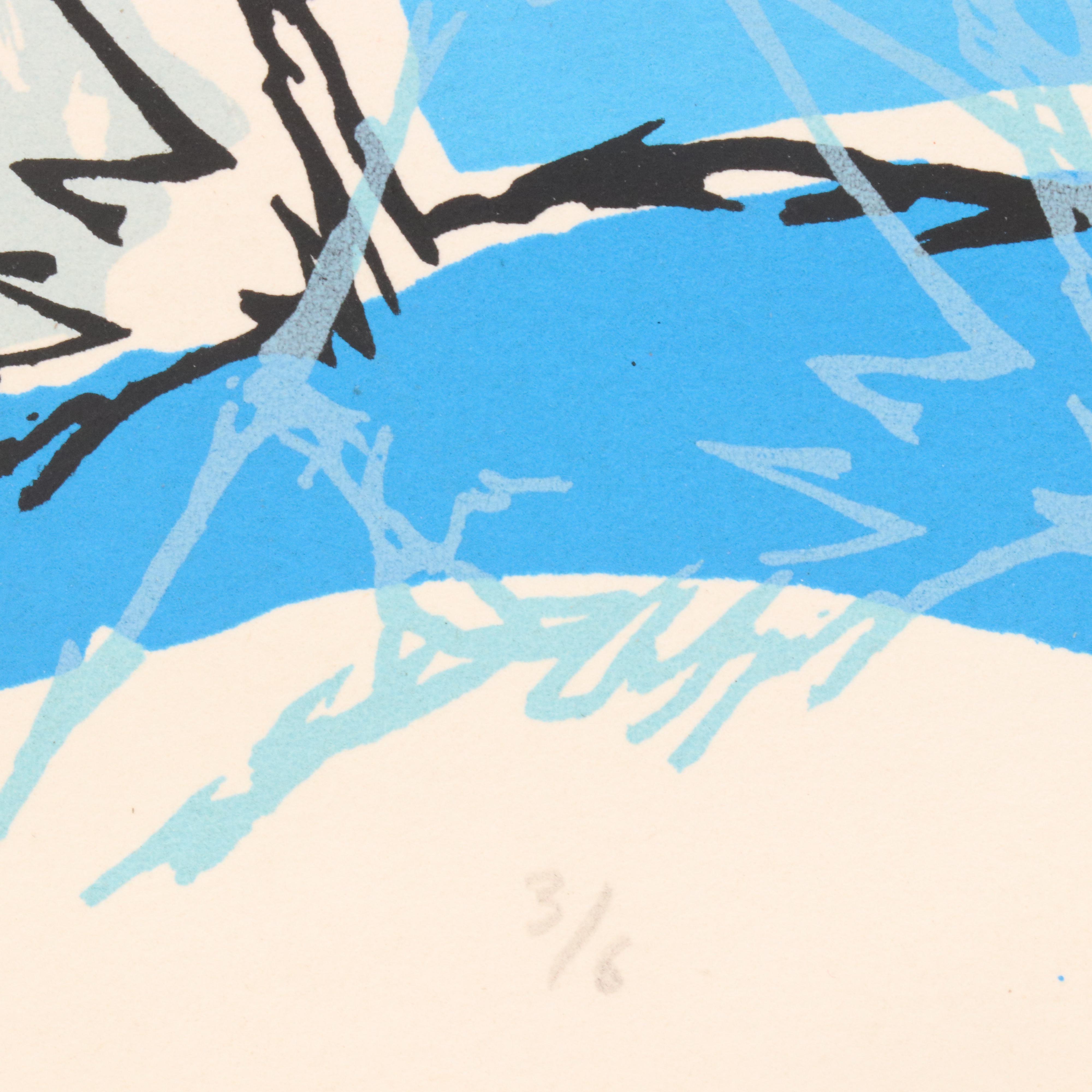 Monotone Blue Serigraph of Girl with Dog, Late 20th C.