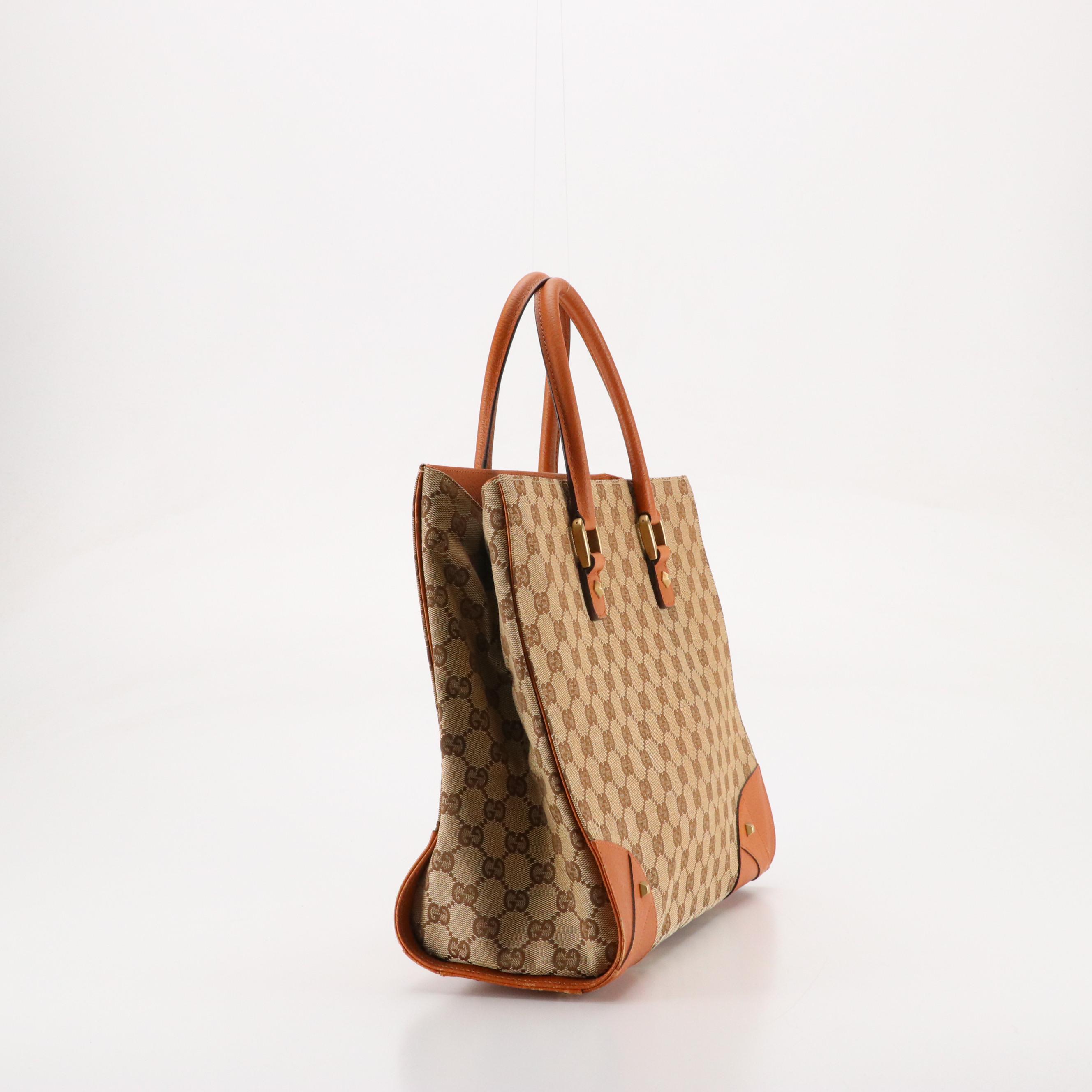 Gucci Nailhead Tote Bag in GG Canvas and Orange Tan Leather