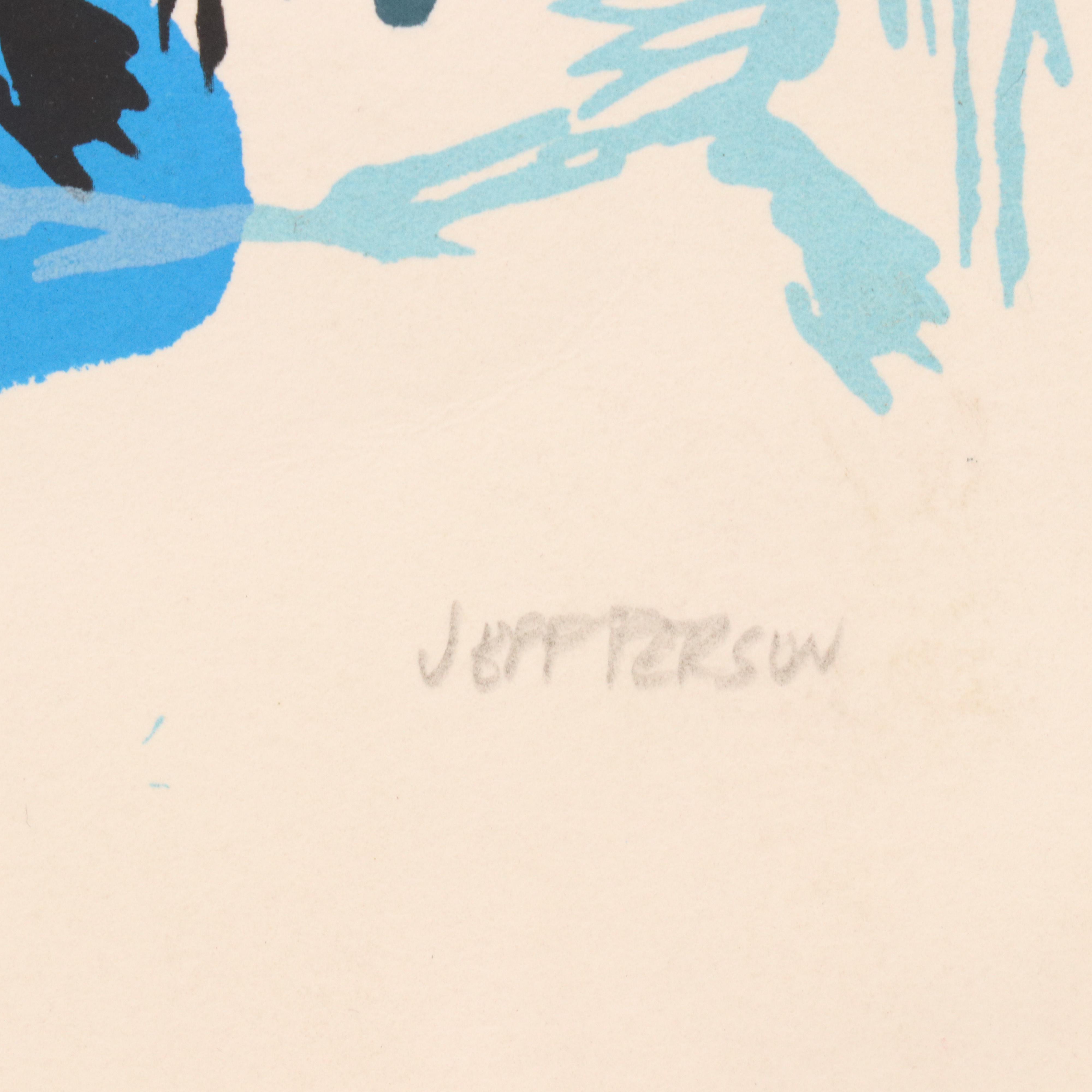 Monotone Blue Serigraph of Girl with Dog, Late 20th C.