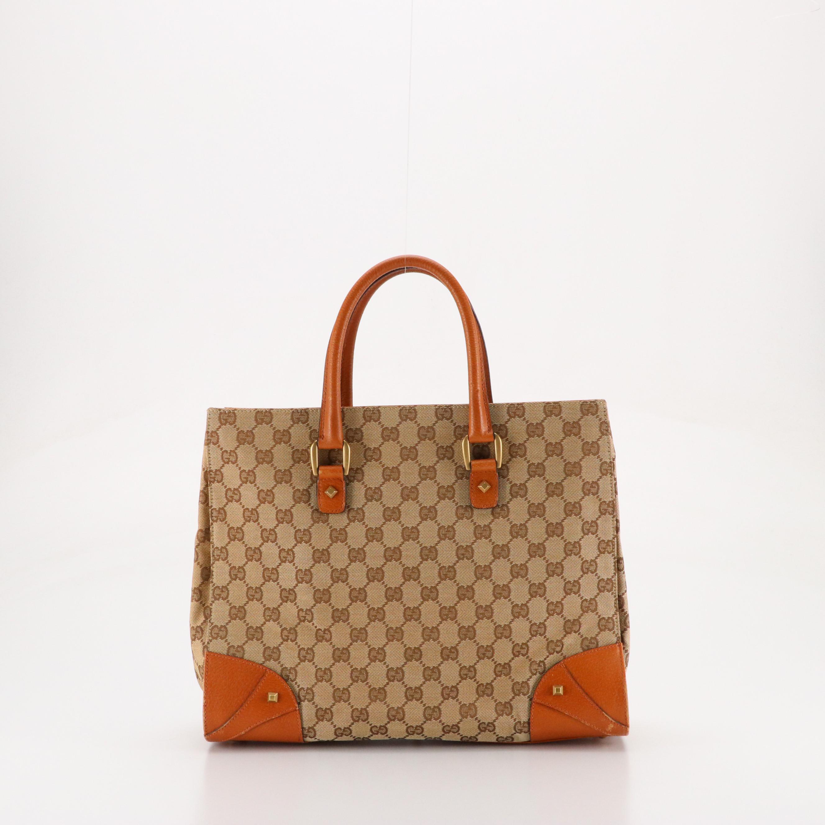 Gucci Nailhead Tote Bag in GG Canvas and Orange Tan Leather