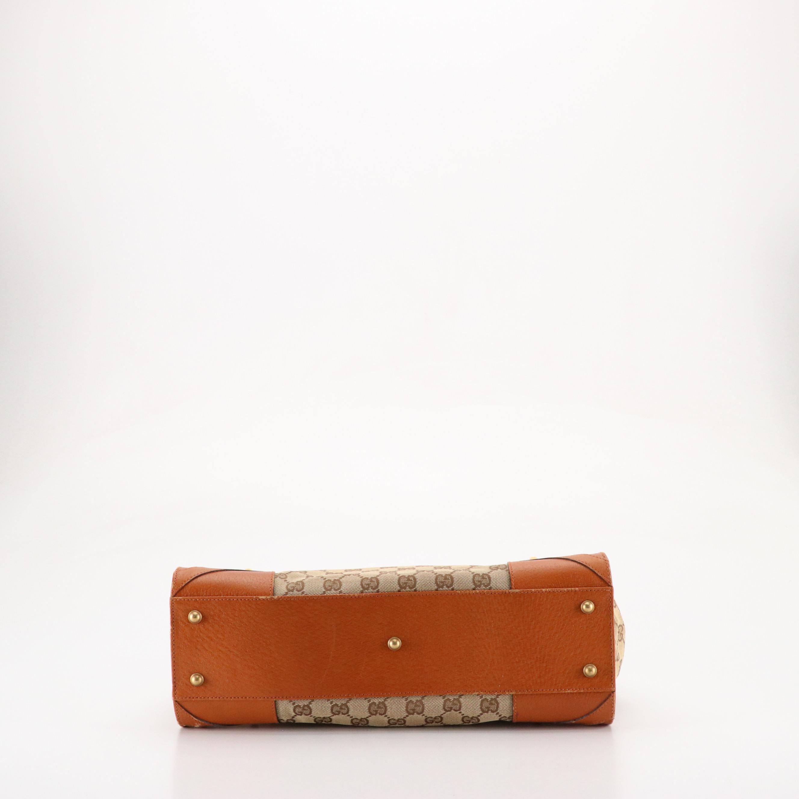 Gucci Nailhead Tote Bag in GG Canvas and Orange Tan Leather